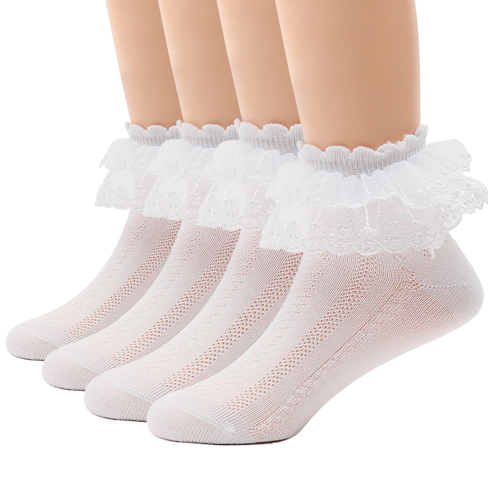 4/5 Pairs Baby Toddler Girls Ruffle Lace Socks - Eyelet White Princess Cotton Cute Frilly Dress Socks for Kids 1-9T - Perfect for Parties, Weddings & Special Occasions