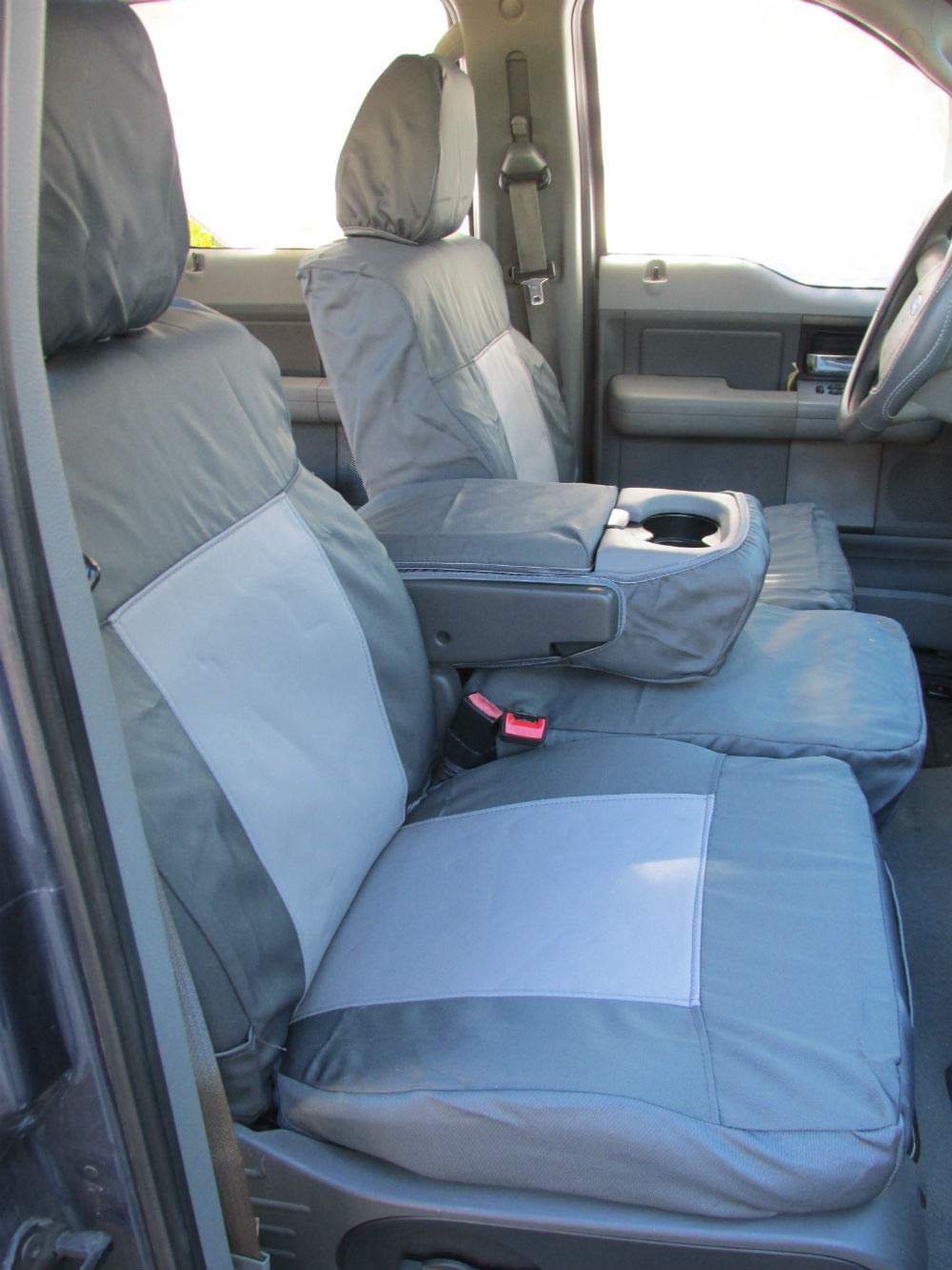 Premium Durafit Seat Covers for 2004-2008 Ford F150 Double Cab - Exact Fit Front 40/20/40 Split Bench with Adjustable Headrests & Rear 60/40 Split Bottom - Gray Leatherette - Perfect for Work Trucks, Road Trips & Daily Commutes