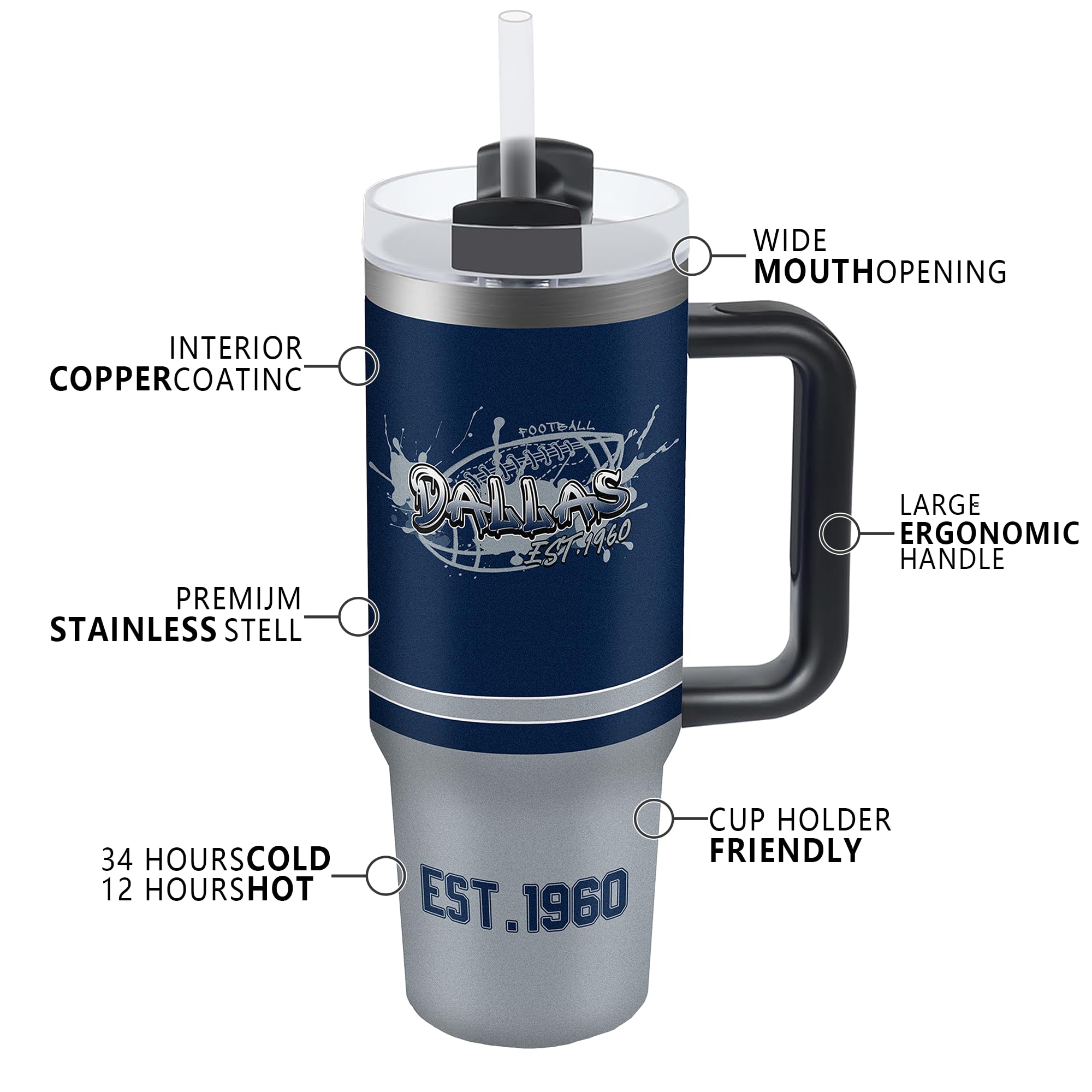 30 oz Stainless Steel Insulated Tumbler with Handle & Straw - Leakproof Travel Mug for Coffee, Tea & Cold Drinks - Dallas Cowboys Fan Gift - Perfect for Commuting, Office & Outdoor Activities