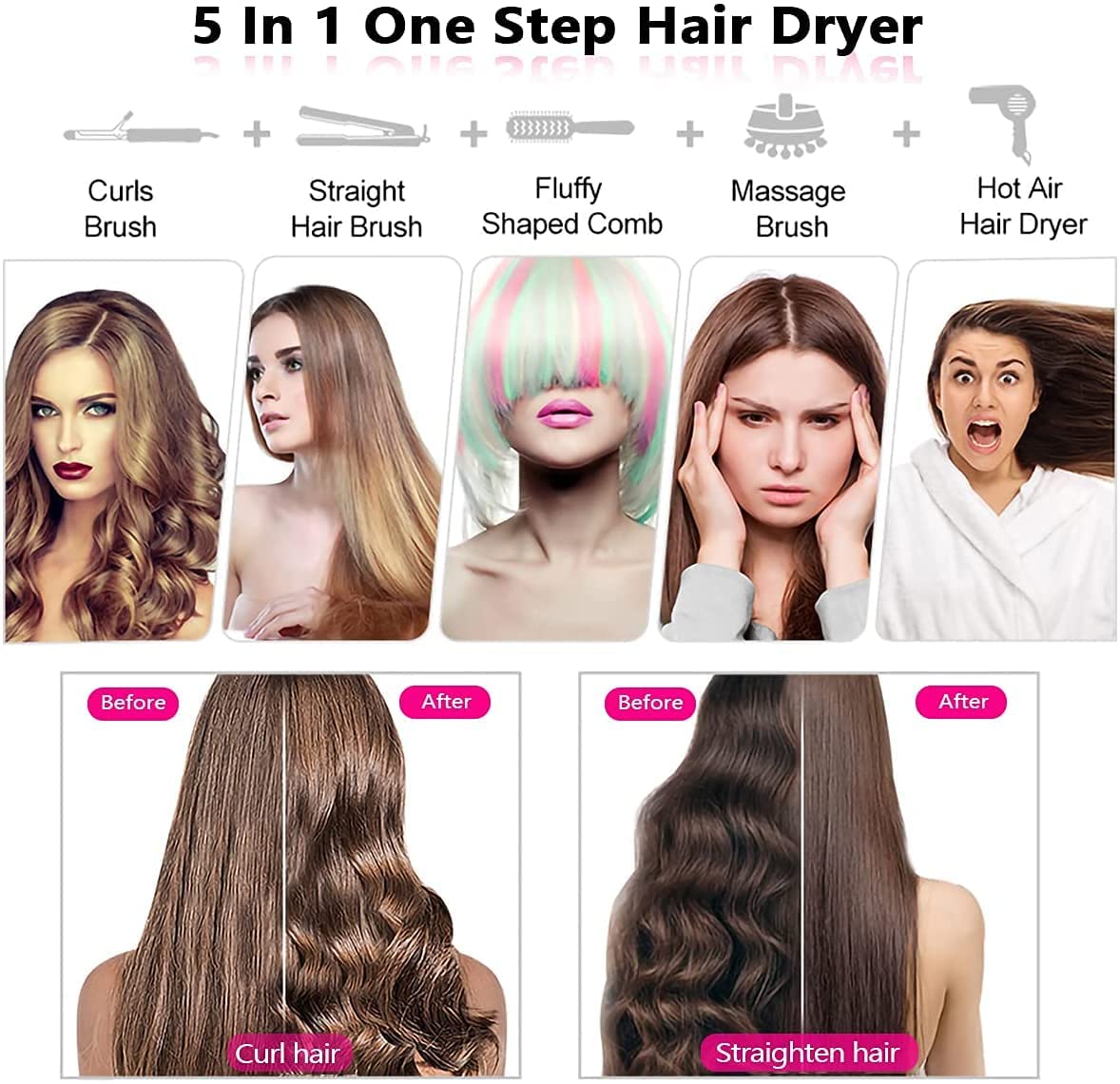 KOSHIYA 5-in-1 Hair Dryer Brush with Rotating Hot Air - Blow Dryer, Curler & Volumizer for All Hair Types | Reduces Frizz & Static | Perfect for Home Styling & Salon-Quality Results