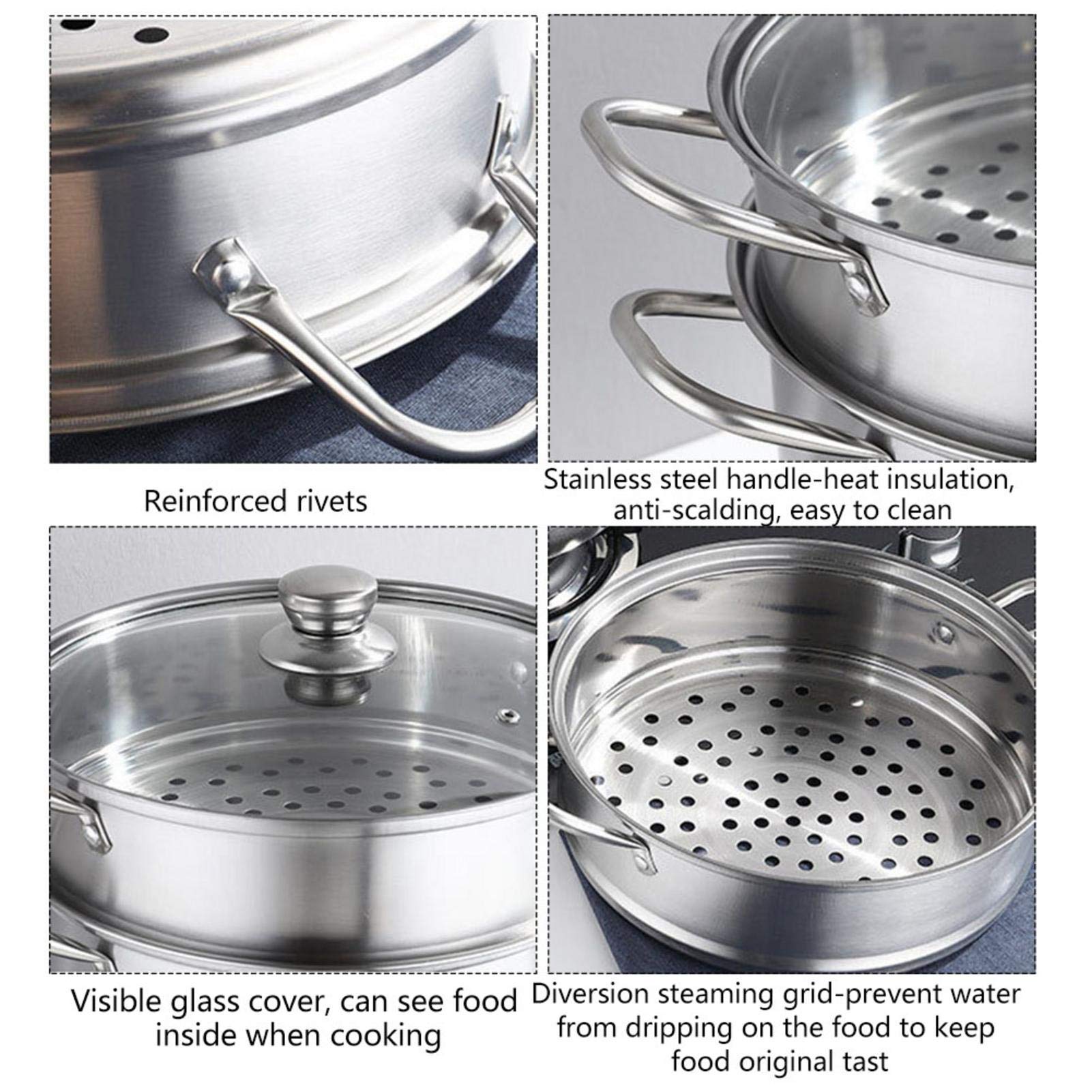 2 Tier Stainless Steel Steamer Pan with Glass Lid - 26cm/28cm/30cm Dual Layer Cookware for Vegetables, Dumplings & Seafood - Perfect for Home Cooking, Restaurants & Meal Prep