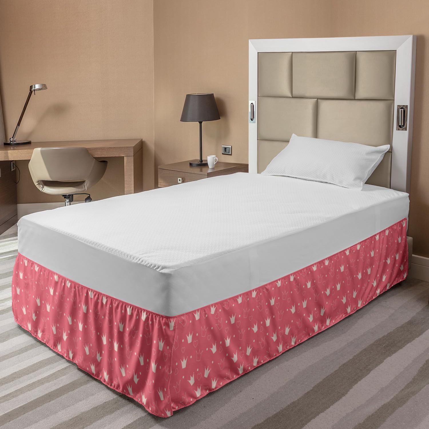 Ambesonne Cartoon Bed Skirt - Pastel Crowns, Dots & Hearts Pattern Elastic Dust Ruffle Wrap for Full Size Beds | Soft Champagne Pink Bedding Decor | Perfect for Kids Rooms, Nursery Decor & Guest Bedrooms