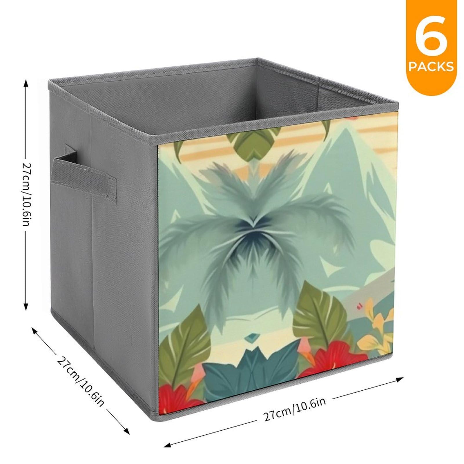 6-Pack Collapsible Storage Baskets with Handles - Summer Hawaiian Pattern Foldable Storage Bins for Closet, Laundry & Home Organization - Large Fabric Storage Cubes for Clothes, Toys & Household Items