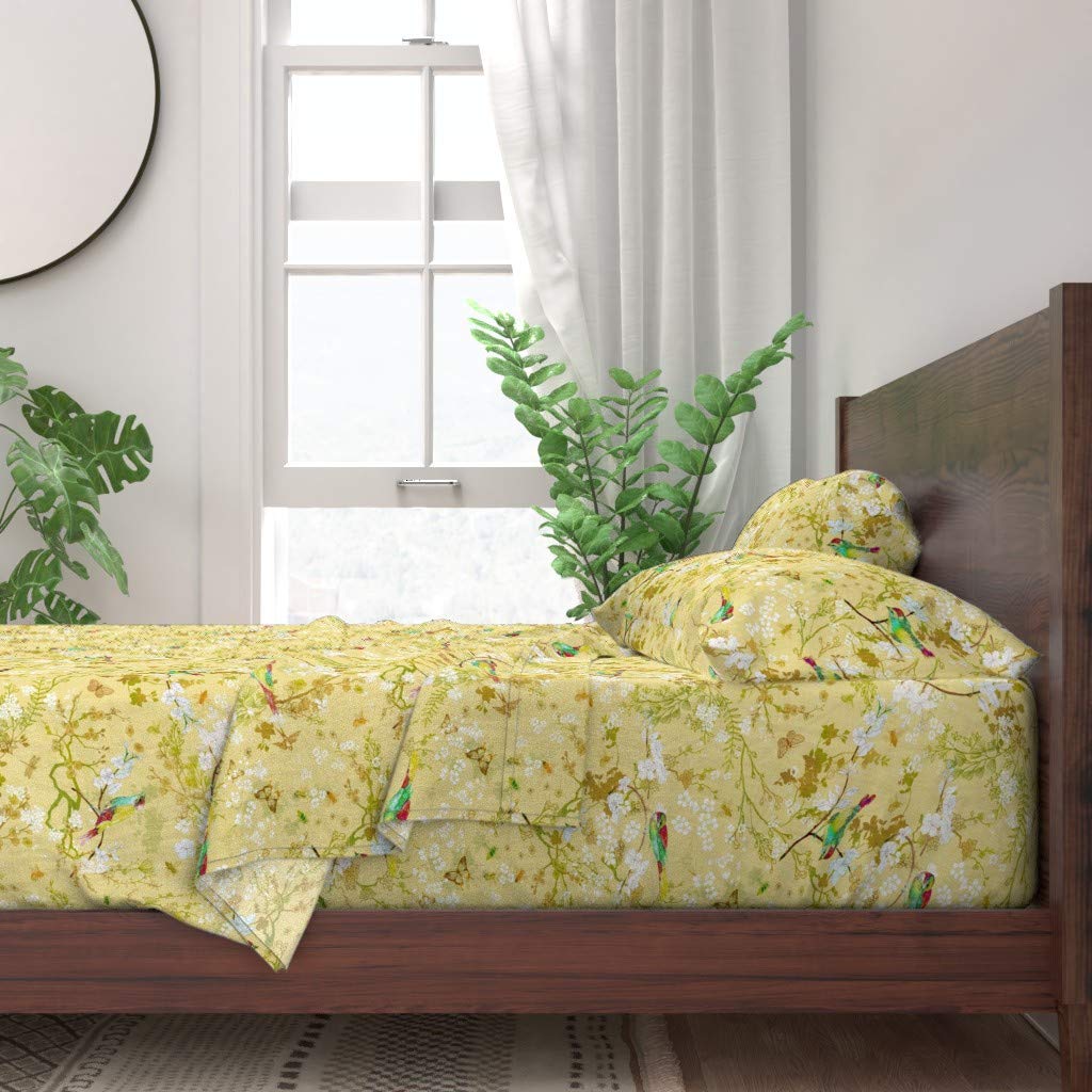 Spoonflower 100% Cotton Queen Size 4-Piece Sheet Set - Bird Bees Butter Yellow Chinoiserie Spring Dragonfly Garden Botanical Print Custom Bedding | Soft & Breathable for All Seasons | Perfect for Master Bedroom, Guest Room, or Vacation Home Decor