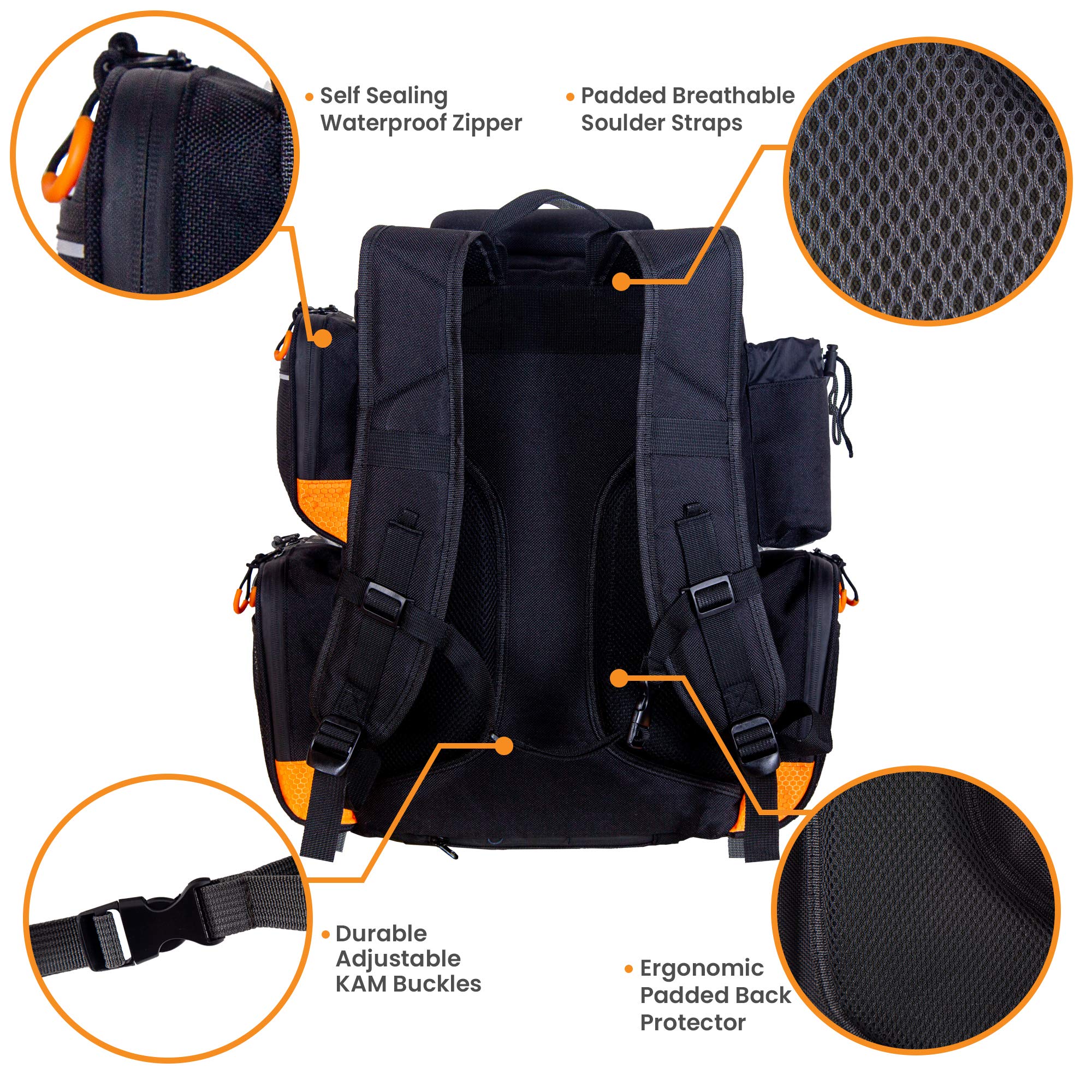 Waterproof Fishing Backpack Tackle Bag with Rain Cover, 4 Tackle Boxes, Stainless Steel Pliers & Lanyard - Black & Orange for Bass, Trout & Saltwater Fishing Adventures
