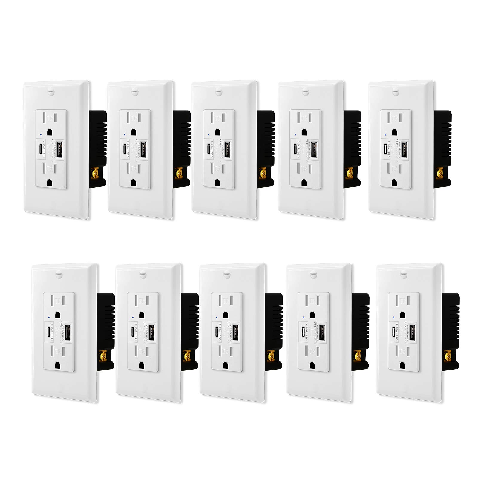 10-Pack High-Speed 4.2A USB Type C/A Dual Port Charger Outlet - 15A Tamper-Resistant Receptacle, White Duplex Wall Plate - Compatible with iPhone, Samsung & Smartphones - UL Listed - Perfect for Home, Office & Hotel Charging Stations