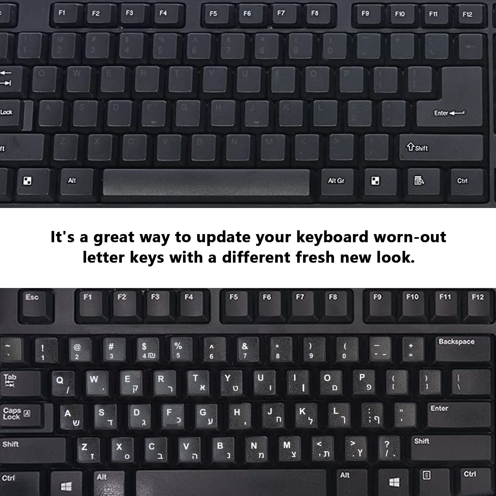 2Pcs Hebrew Keyboard Stickers for PC, Mac, Laptop - White Front Black Background Labels | Durable Keyboard Replacement Decals for Typing in Hebrew | Perfect for Students, Translators & Multilingual Users