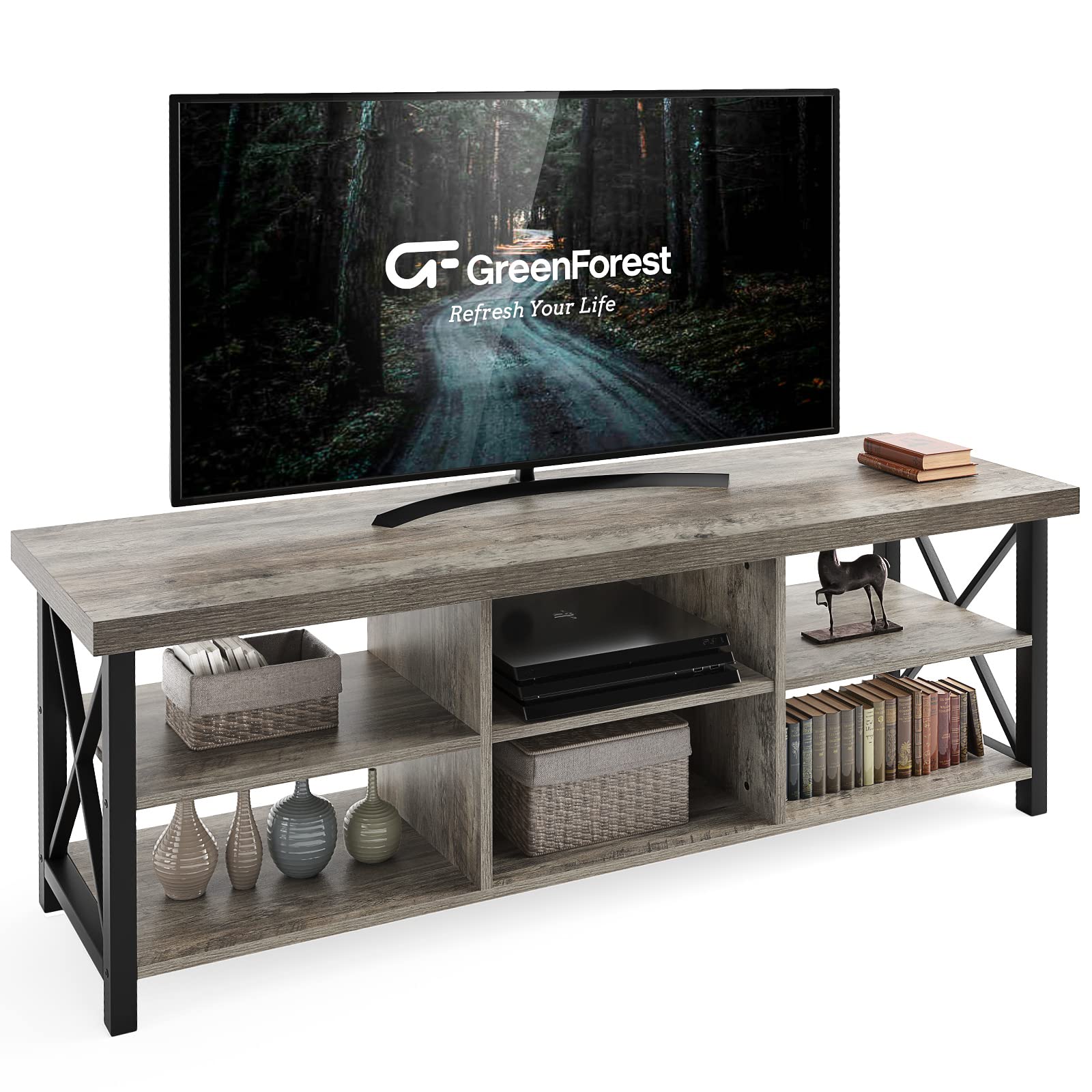 GreenForest TV Stand for TVs up to 65 Inches - Modern Entertainment Center with 6 Storage Cabinets, Wooden TV Console Table for Living Room, Bedroom & Home Theater - Natural Wood Finish (Fits 55-65 Inch TVs)