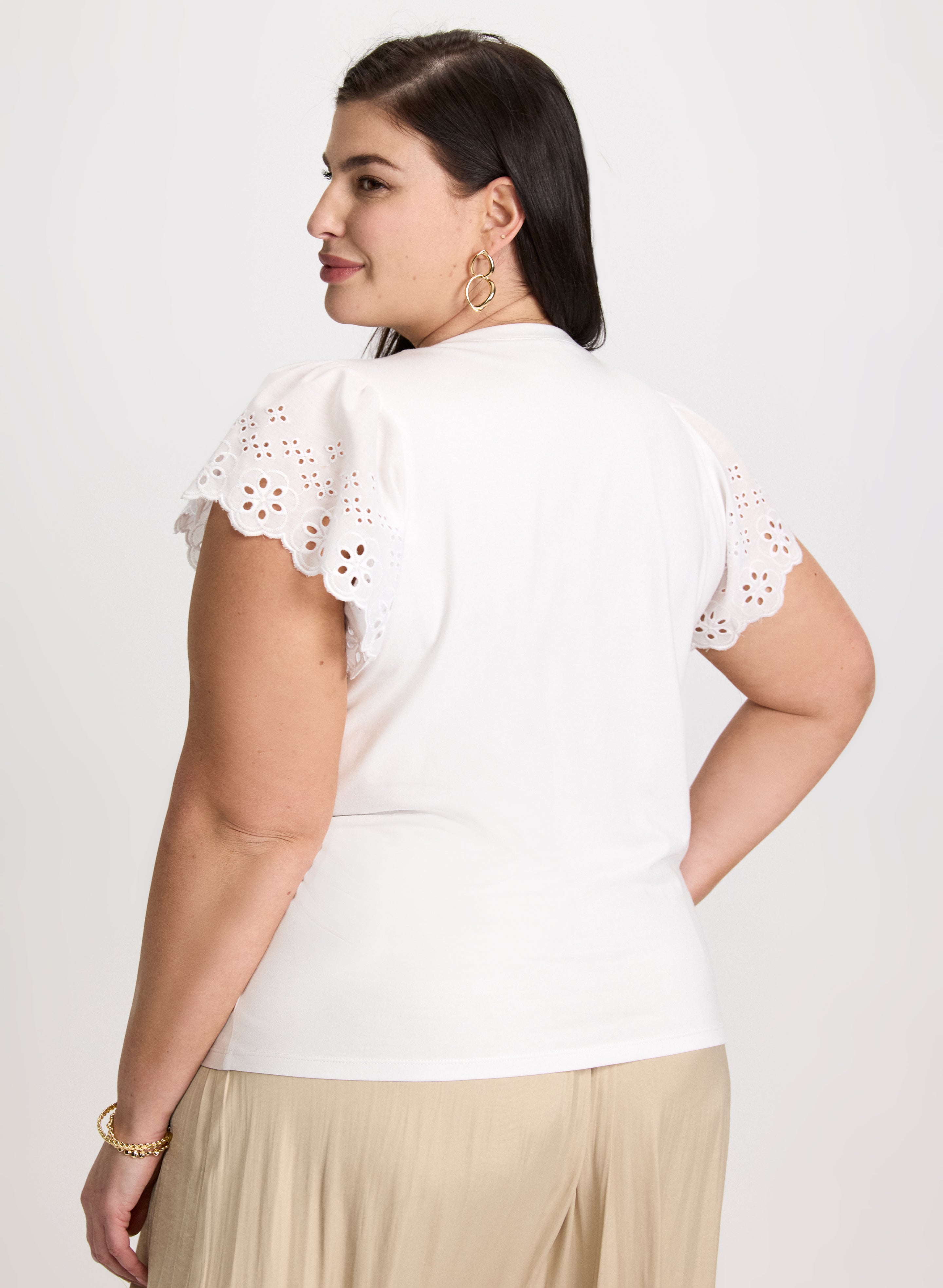 Eyelet Sleeve Tee for Women - Breathable Cotton Short Sleeve Blouse with Lace Trim - Perfect for Summer Outfits, Casual Wear & Office Attire