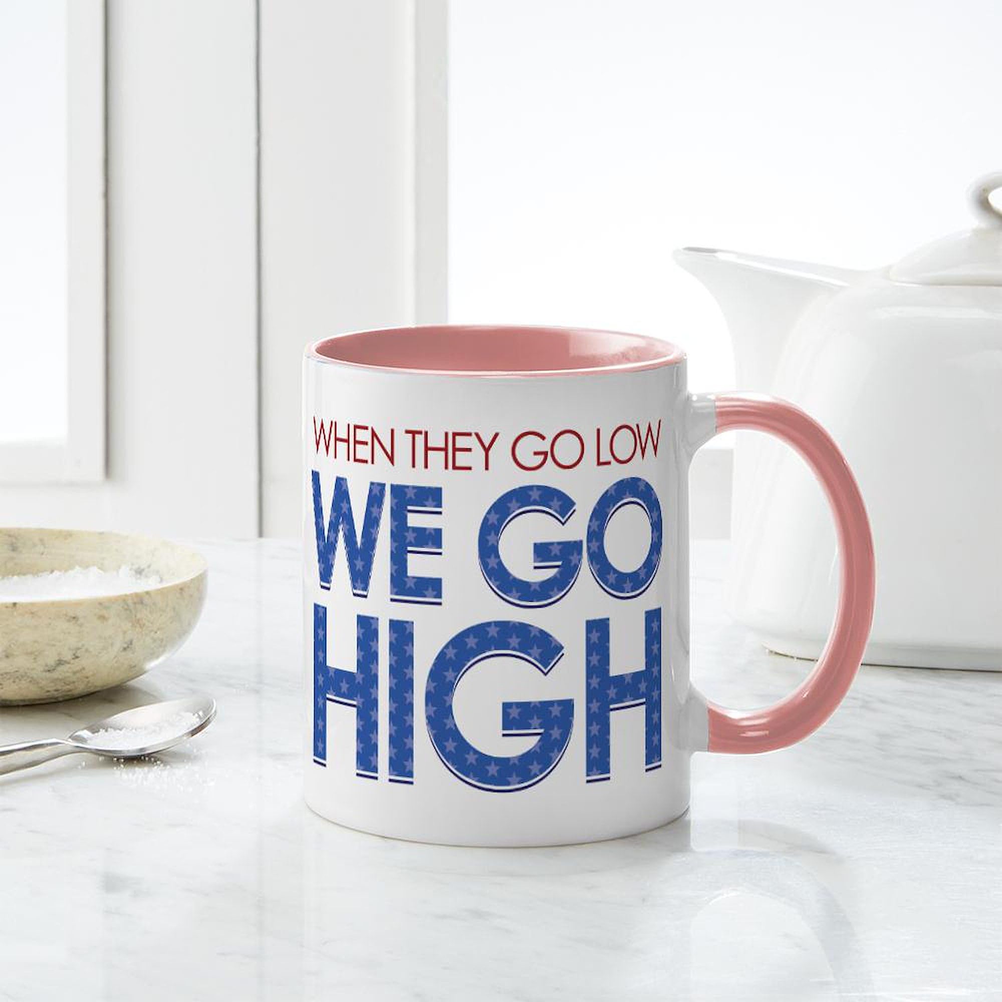 CafePress 'They Go Low, We Go High' 11 oz (325 ml) Ceramic Coffee Mug - Perfect for Office, Home & Political Enthusiasts