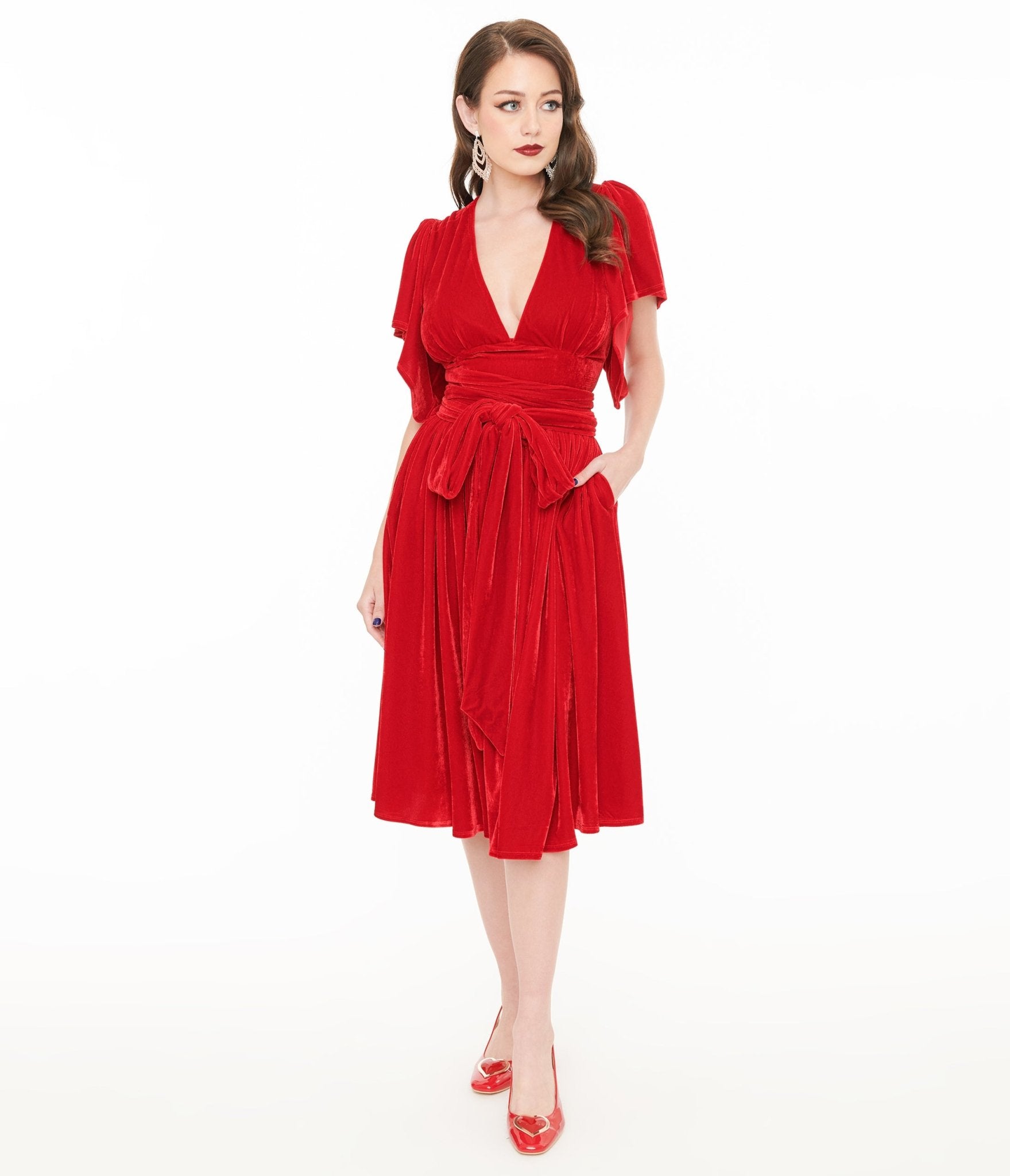Vintage 1940s Red Velvet Swing Dress with Flutter Sleeves - Retro Lenora Style for Parties, Weddings & Special Occasions