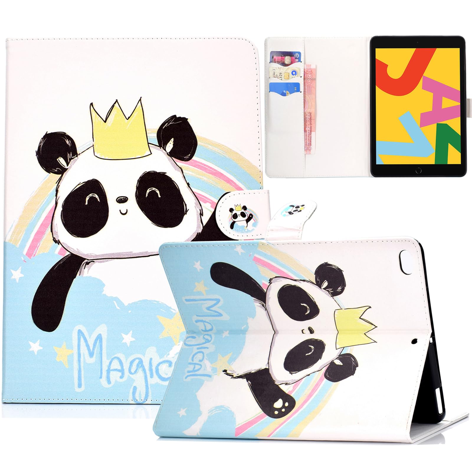 Premium Protective Case for iPad 10.2 inch (9th/8th/7th Gen 2021/2020/2019) - Adjustable Stand Folio Cover with Auto Sleep/Wake & Card Slots | Crown Panda Design | Perfect for Work, Travel & Home Use