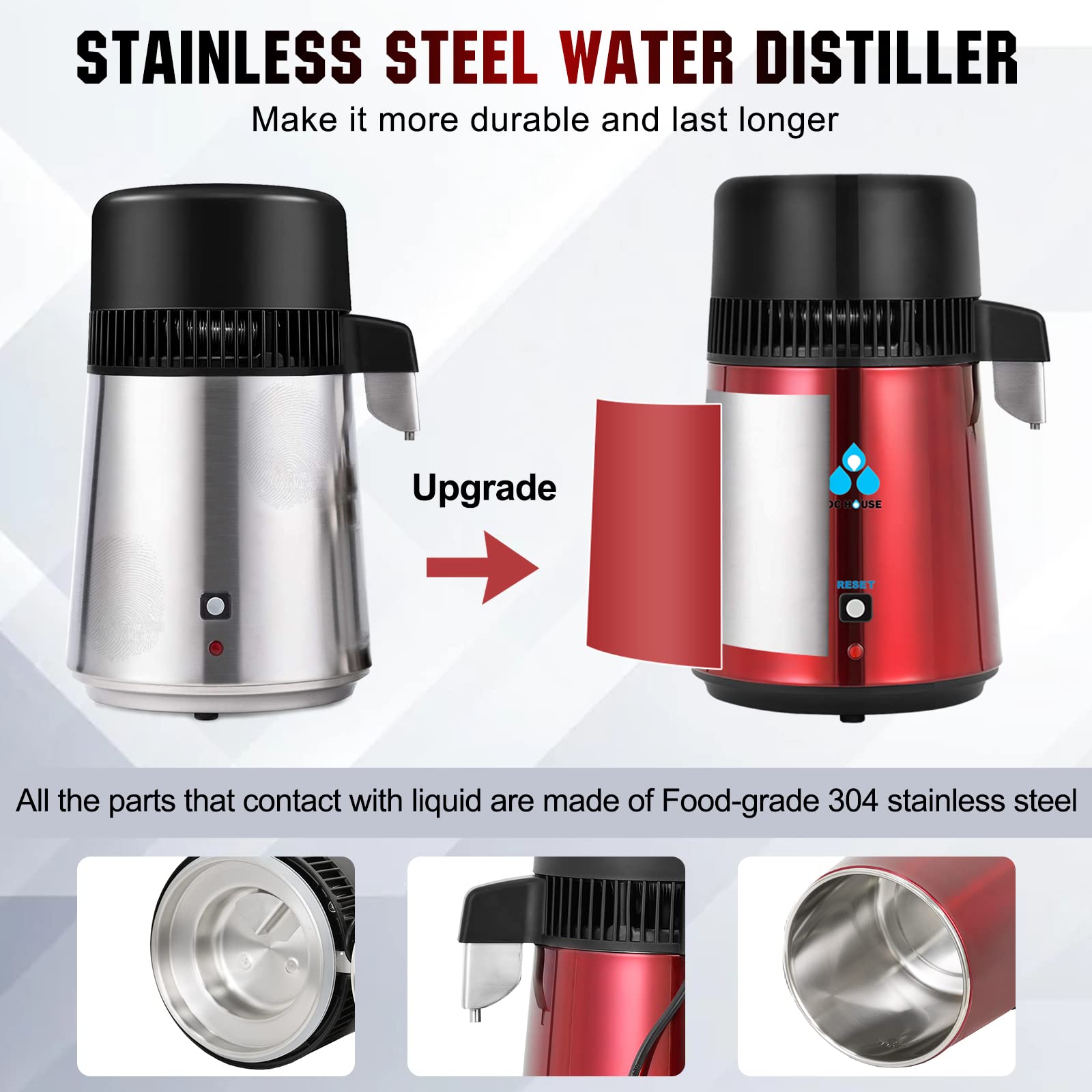 DC HOUSE 1 Gallon Water Distiller - 4L Stainless Steel Countertop Pure Water Distiller Machine with On/Off Switch & Glass Container for Home, Kitchen, RV, Camping, Emergency Preparedness