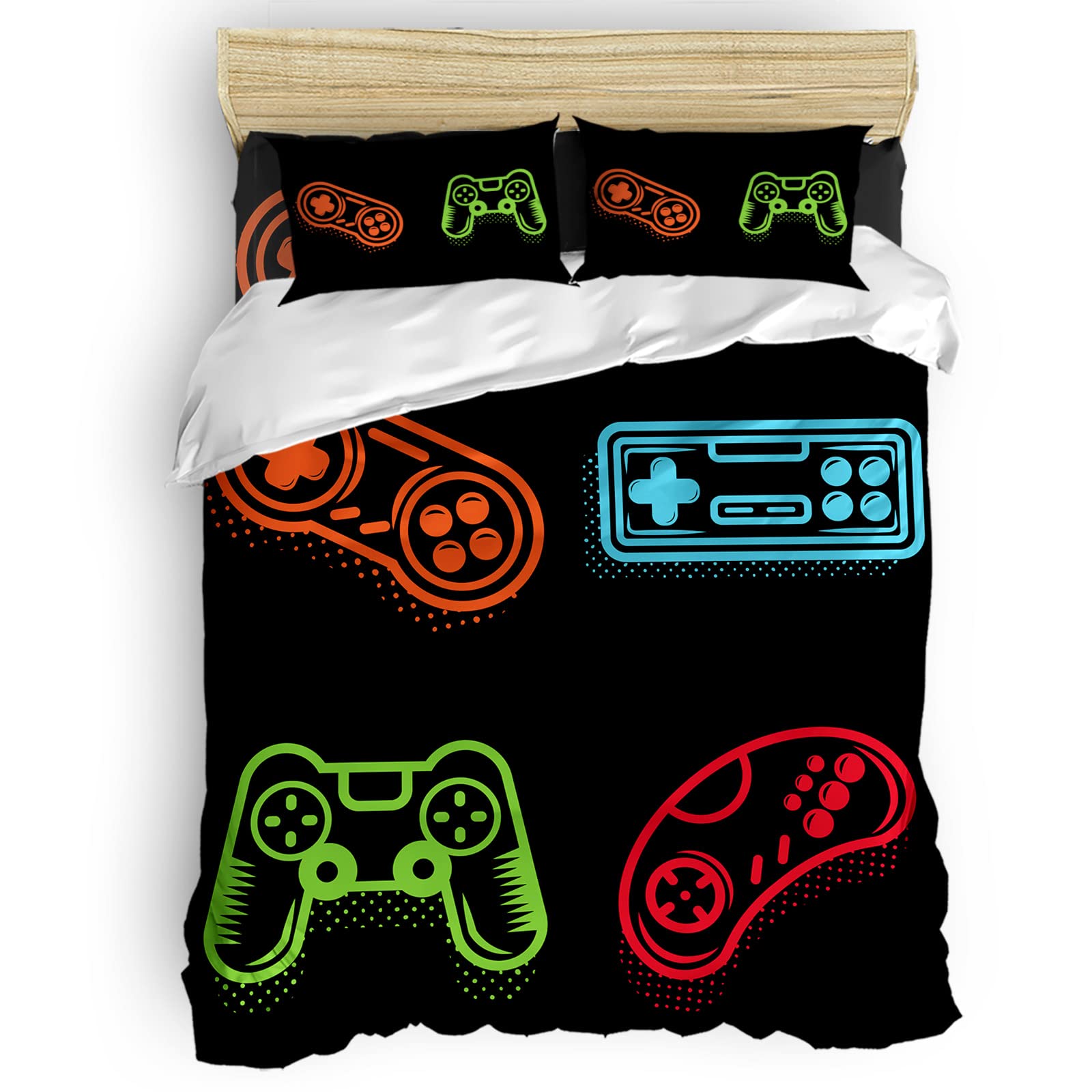 Cal King Video Game Duvet Cover Set - 4 Piece Lightweight Microfiber Bedding for Adults & Teens | Colorful Controller Design on Black Background | Perfect for Gaming Rooms & Teen Bedrooms
