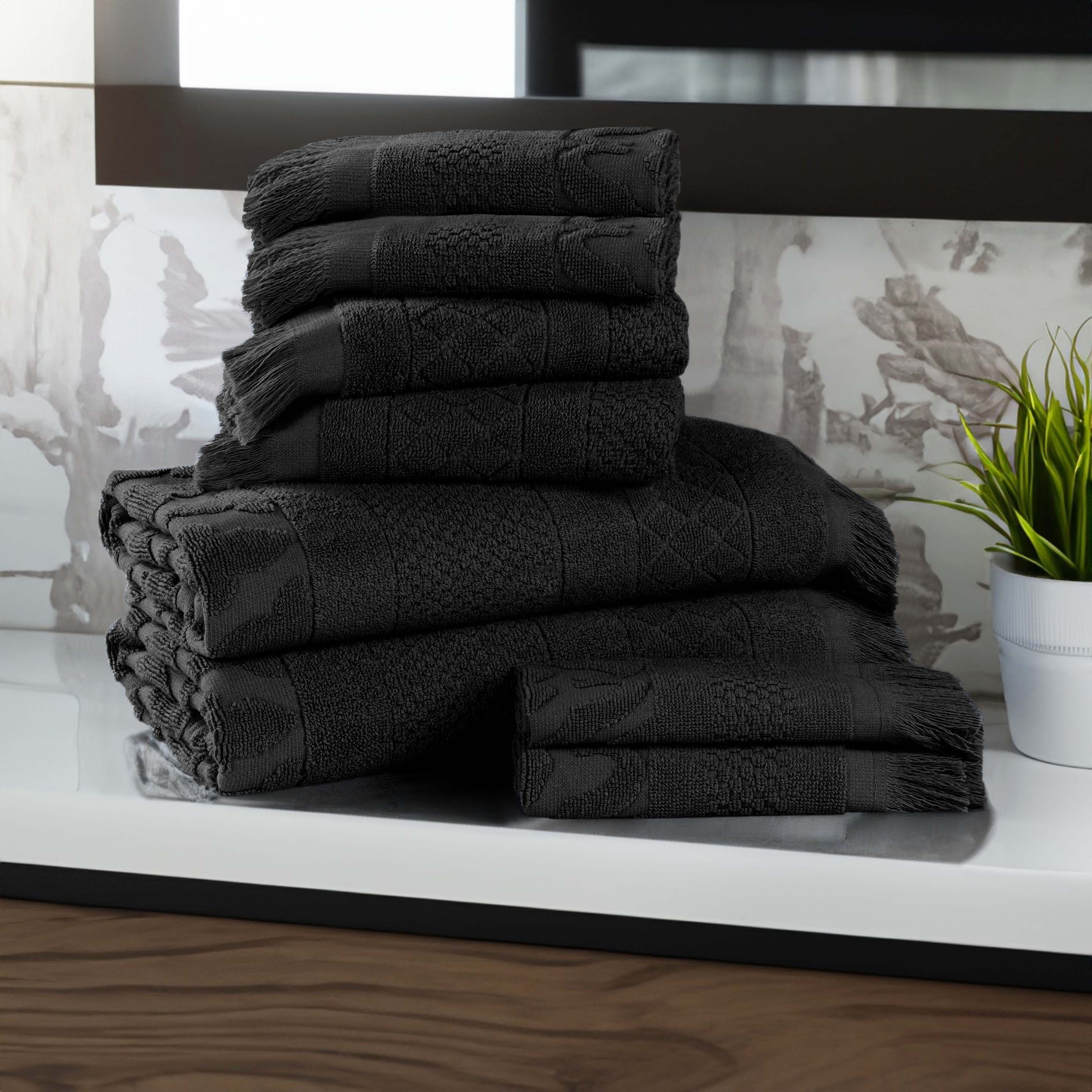Rolla Cotton Geometric Jacquard Plush Soft Absorbent 8-Piece Bath Towel Set | Luxury Bath & Beach Towels for Spa, Pool & Home Use