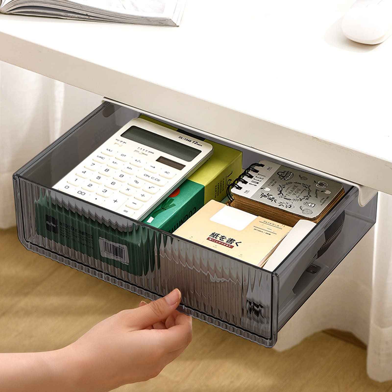 Large Self-Adhesive Under Desk Drawer Organizer - 9.4 Inch Wide Hidden Office Storage for Pens, Pencils & Supplies - Black Plastic Slide-Out Underdesk Organizer for Home & Office Workspace