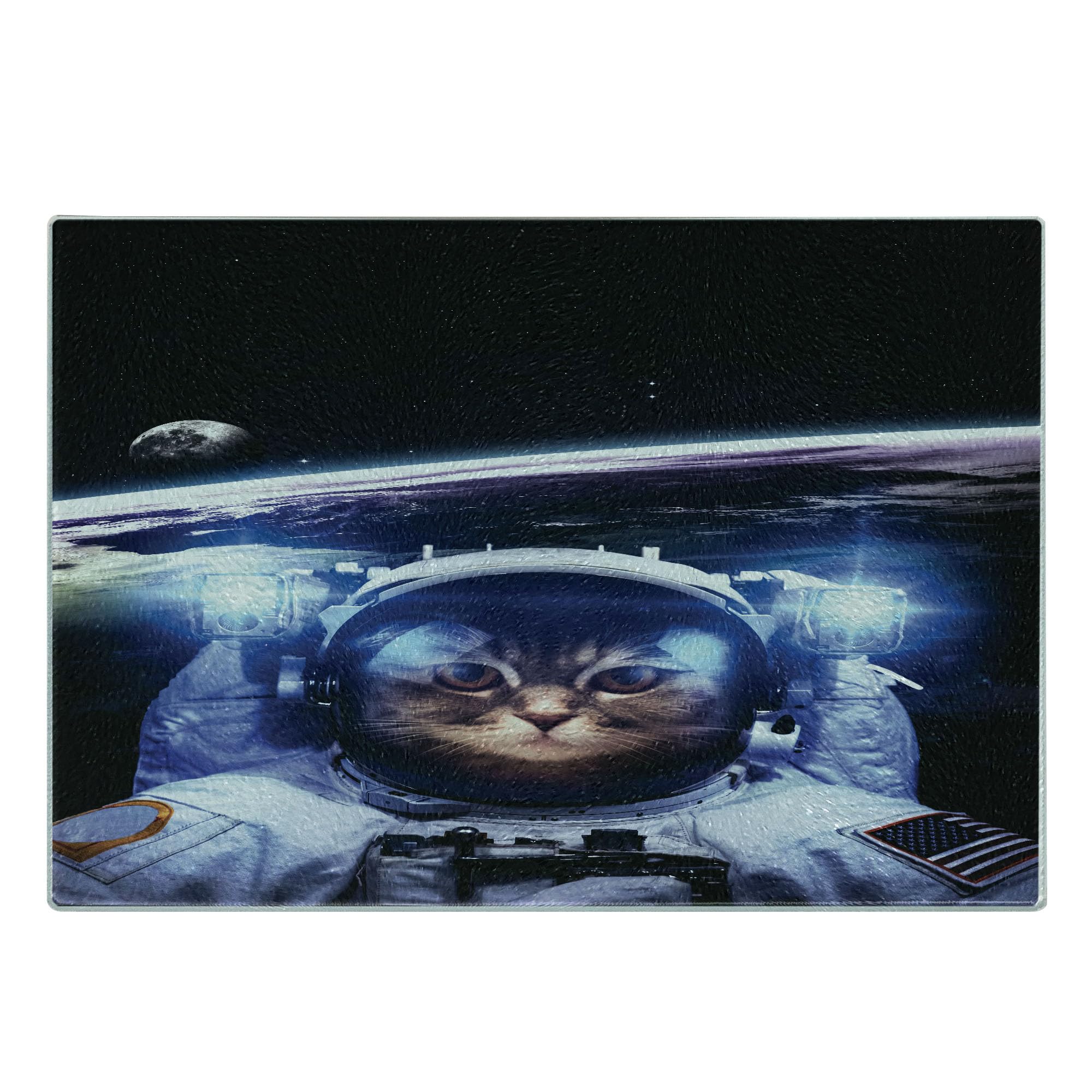 Ambesonne Cat Cutting Board - Funny Astronaut Cat in Space Explorer Design, Tempered Glass Serving Board for Kitchen - Small Size Blue & White - Perfect for Food Prep, Cheese Serving & Home Decor