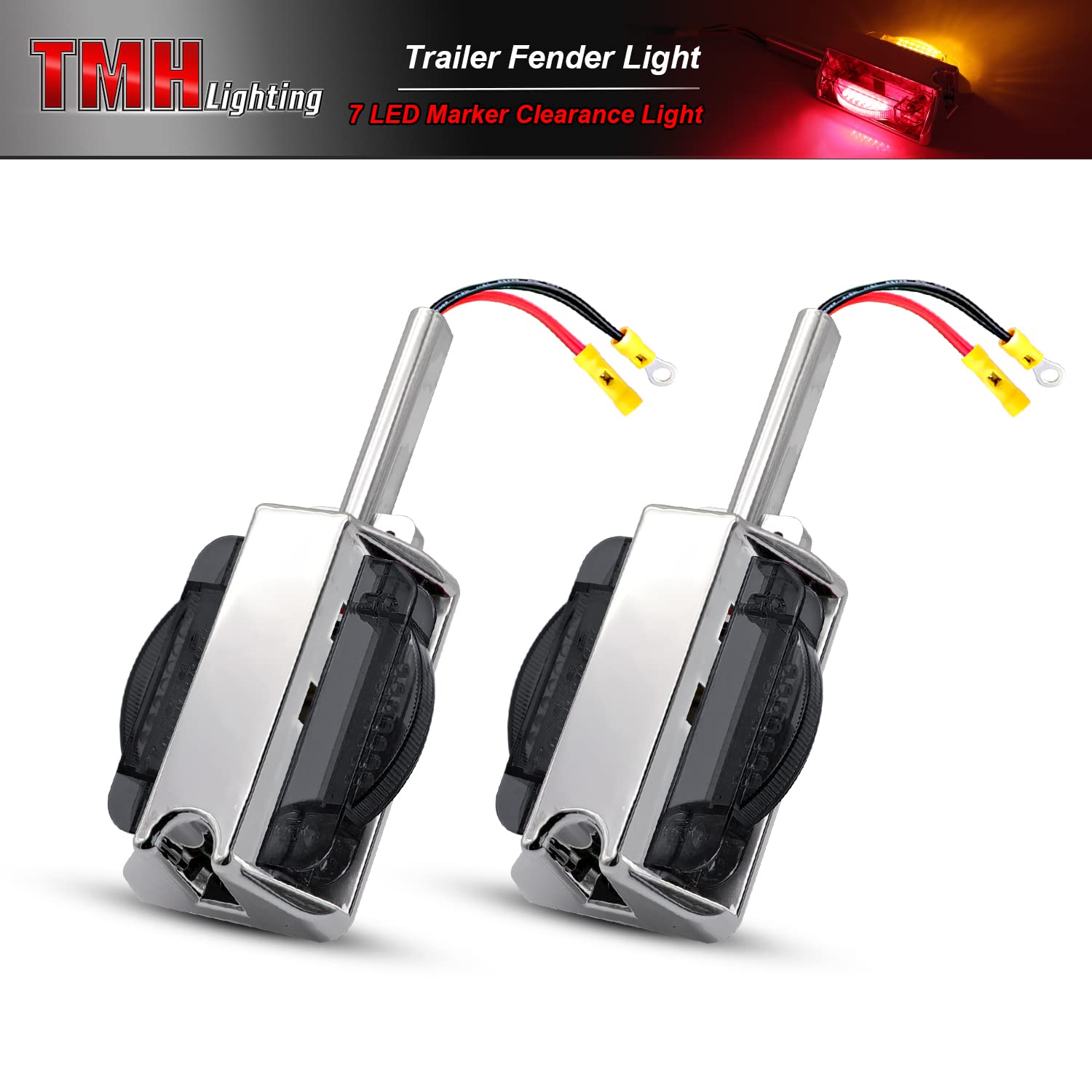 TMH 2-Pack 8.2 Inch Smoked Lens Amber/Red LED Clearance Lights - 7 LED Dual-Face Fender Marker Lamps for Trucks, Trailers, ATVs & Heavy Duty Vehicles - 12V DC Waterproof with Chrome Bezel - Perfect for Night Driving & Road Safety