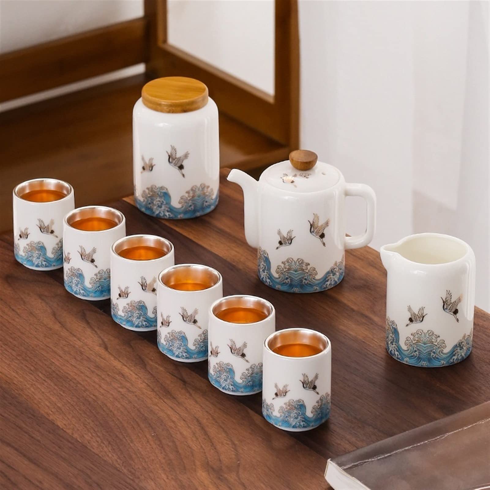 Premium Chinese Porcelain Kung Fu Tea Set - 9 Pcs Ceramic Teapot with Travel Gift Box | Traditional Silver Glazed Tea Pot, Cups & Pitcher | Perfect for Home, Office & Gifting