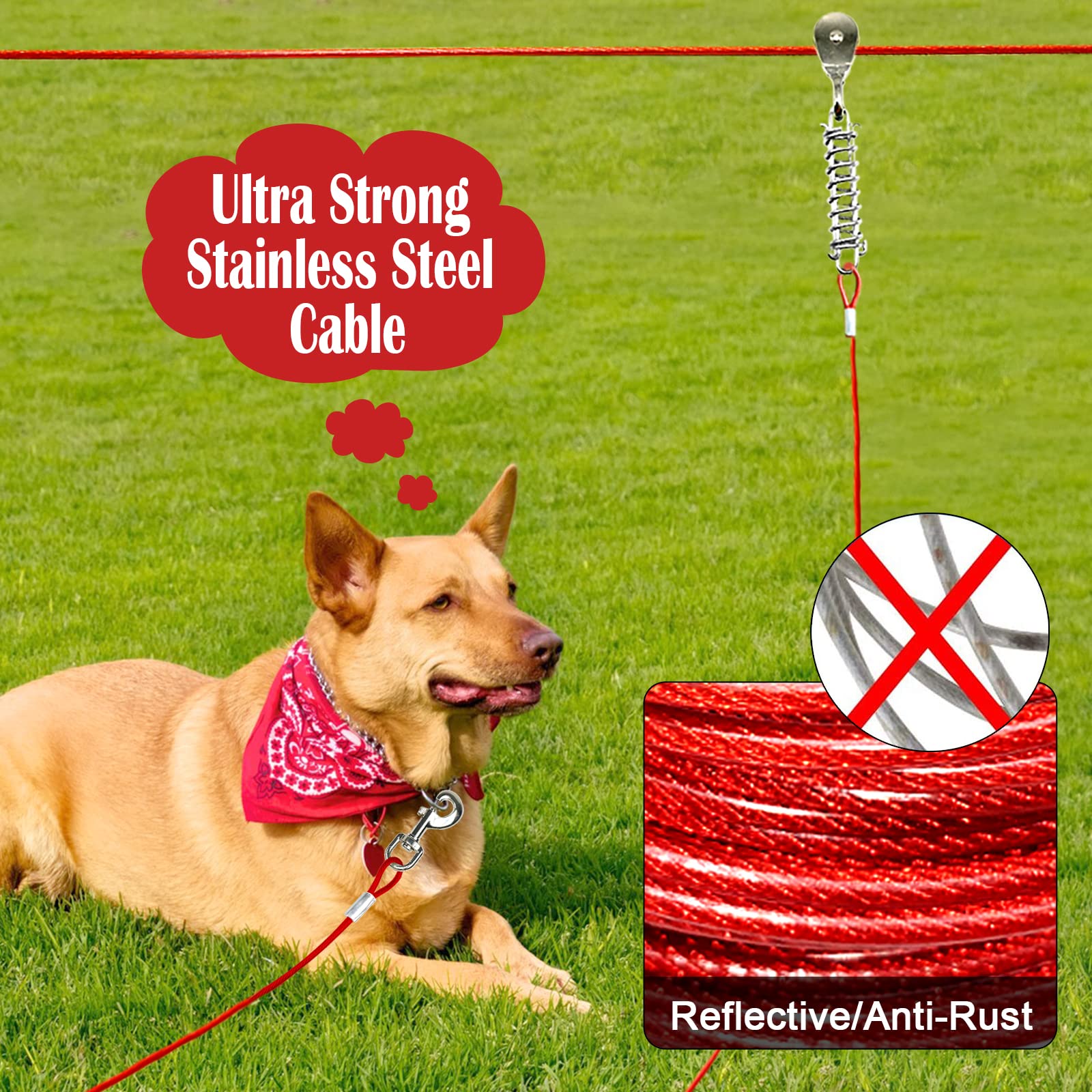 Heavy Duty 100FT Dog Run for Large Dogs Up to 250LBS - 15FT Tie Out Cable with Trolley Zipline System - Perfect for Backyard, Yard & Outdoor Dog Exercise & Playtime