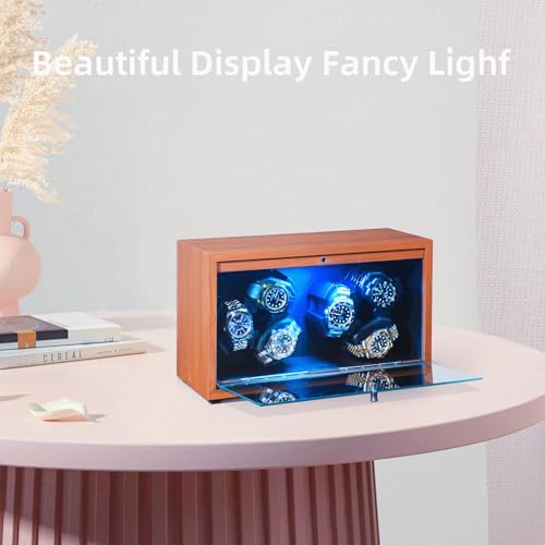 Automatic Watch Winder Box with 6 Watch Capacity - Super Quiet Motor, 4 Rotation Modes & Blue LED Backlight - Premium Wooden Watch Rotator for Men - Perfect Watch Storage & Display Case for Luxury Timepieces (SKW168) - Ideal for Watch Collectors, Travel Storage & Display Cabinets