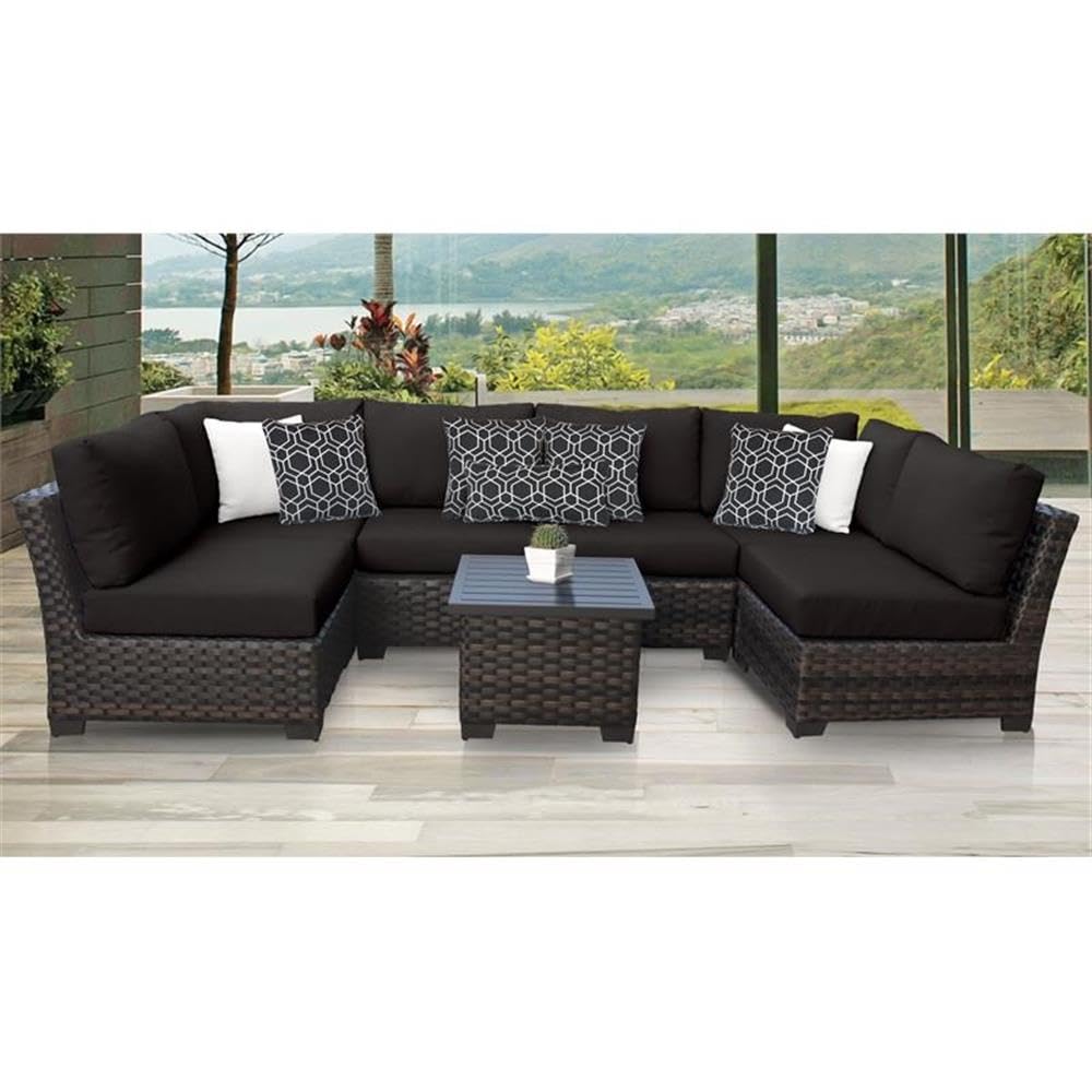 TK Classics Kathy Ireland River Brook 7-Piece Black Wicker Patio Furniture Set - Outdoor Dining & Lounge Set for Garden, Poolside, and Backyard Relaxation