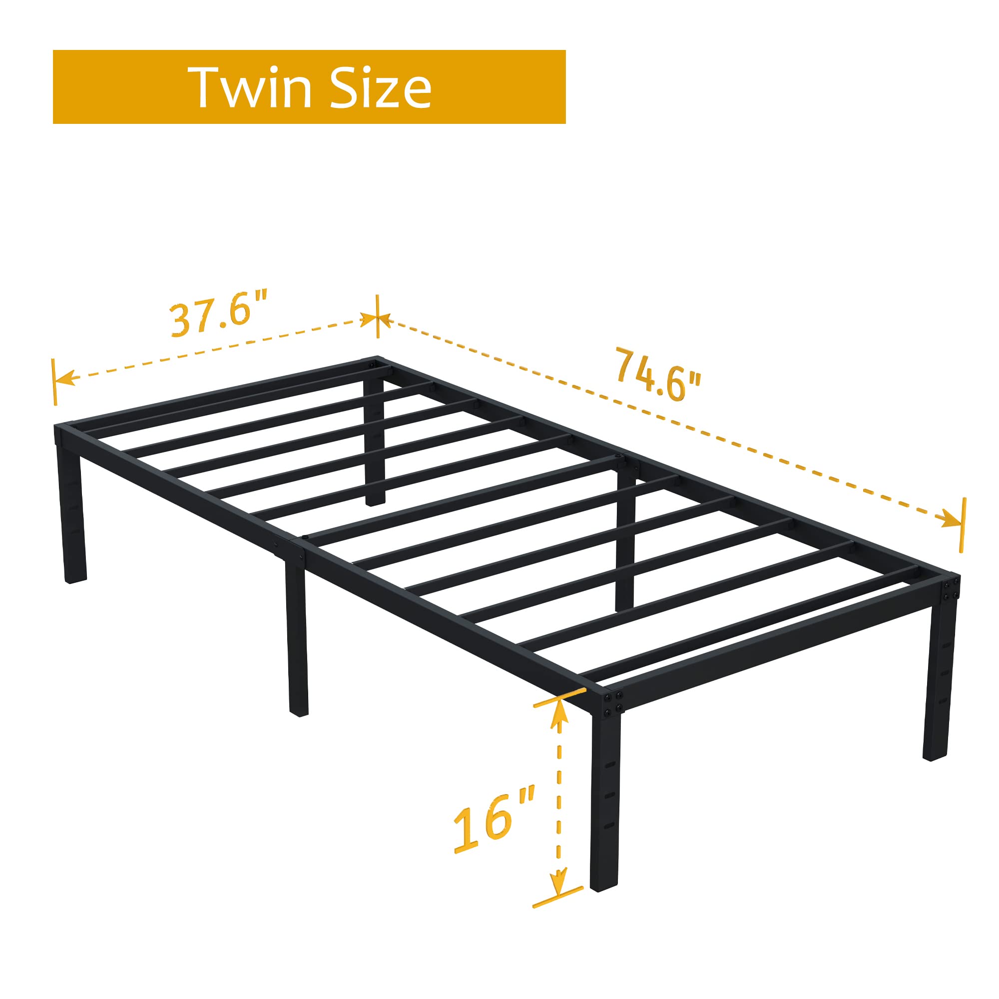 16 Inch Heavy Duty Metal Twin Bed Frame - No Box Spring Needed, Supports Up to 2500 lbs, Easy Assembly & Noise Free, Black - Perfect for Kids Rooms, Guest Beds & Small Spaces