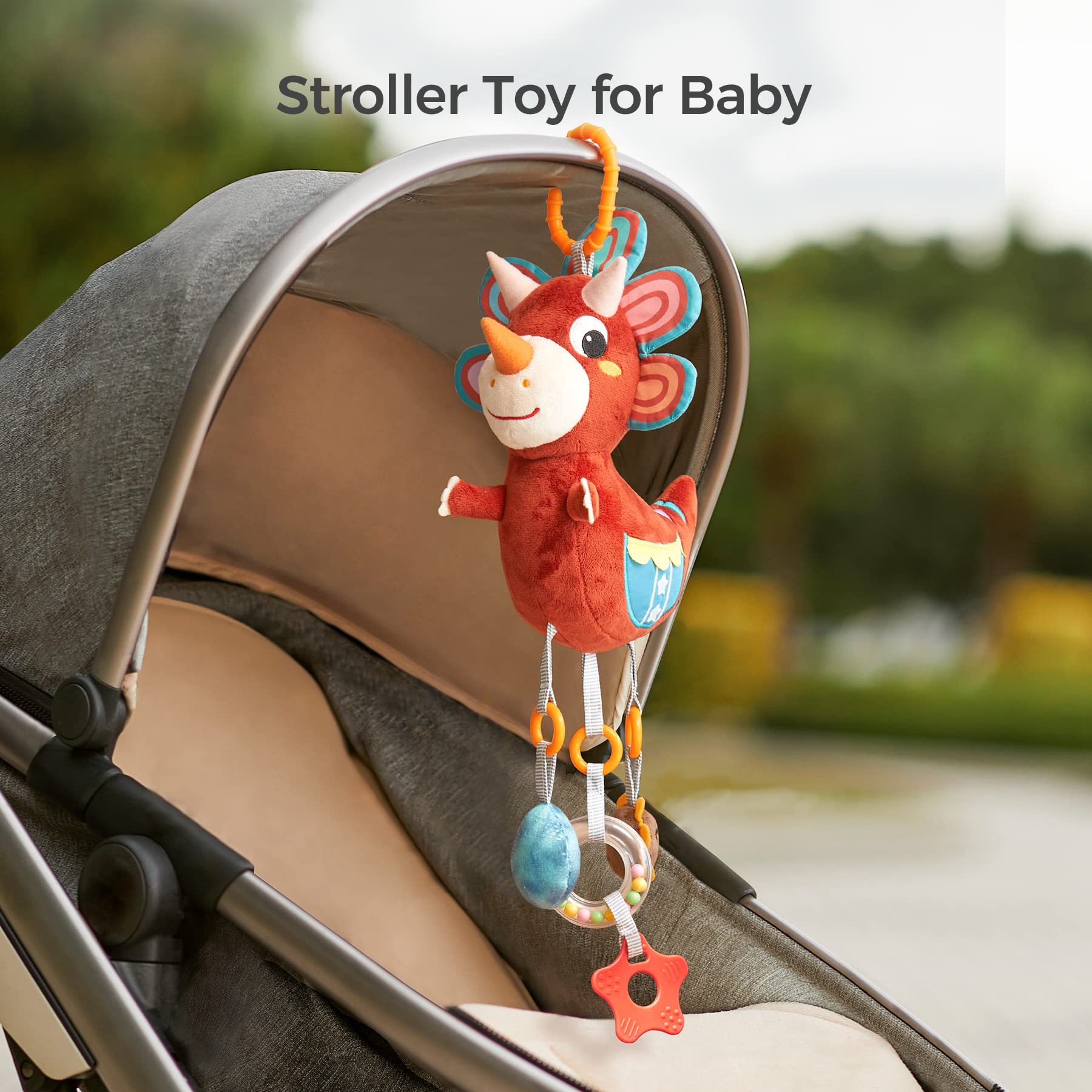 TUMAMA Baby Car Seat Toys for 3-12 Months - Dinosaur Hanging Toys with Wind Chimes, Rattle Beads & Teether - Removable Stroller, Crib & Gym Mat Mobile Plush Toys for Newborn Boys & Girls - Perfect for Travel, Playtime & Sensory Development