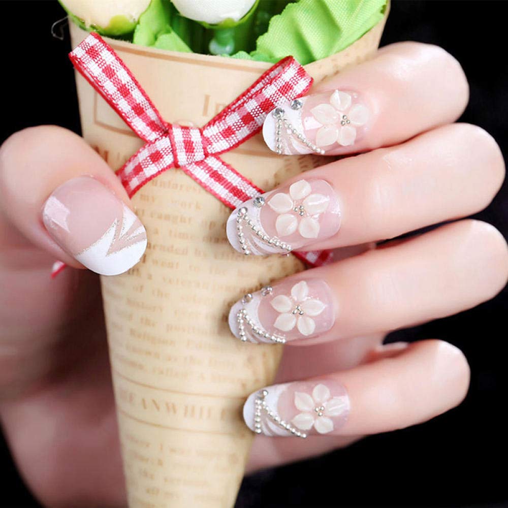 24pcs HUJL False Nails - Long Fashion Fake Nails for Women with 3D White Flower Carving | Natural Nail Art Design | Perfect for Parties, Weddings & Special Occasions