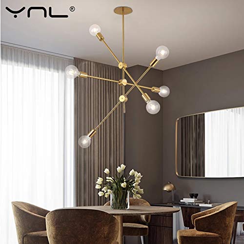 Hobaca® Modern Golden Sputnik Chandelier - Mid Century Ceiling Pendant Light Fixture for Dining Room, Kitchen, Foyer - Rustic Industrial Lighting for Home, Restaurant & Office Decor