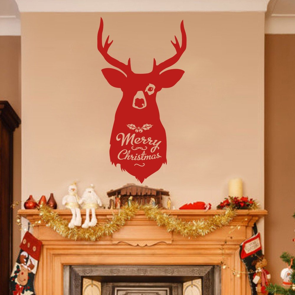 Reindeer Christmas Wall Decal - Merry Christmas Quote Vinyl Holiday Sticker - Festive Home Art Decor in Tomato Red - Perfect for Living Room, Nursery & Holiday Party Decorations