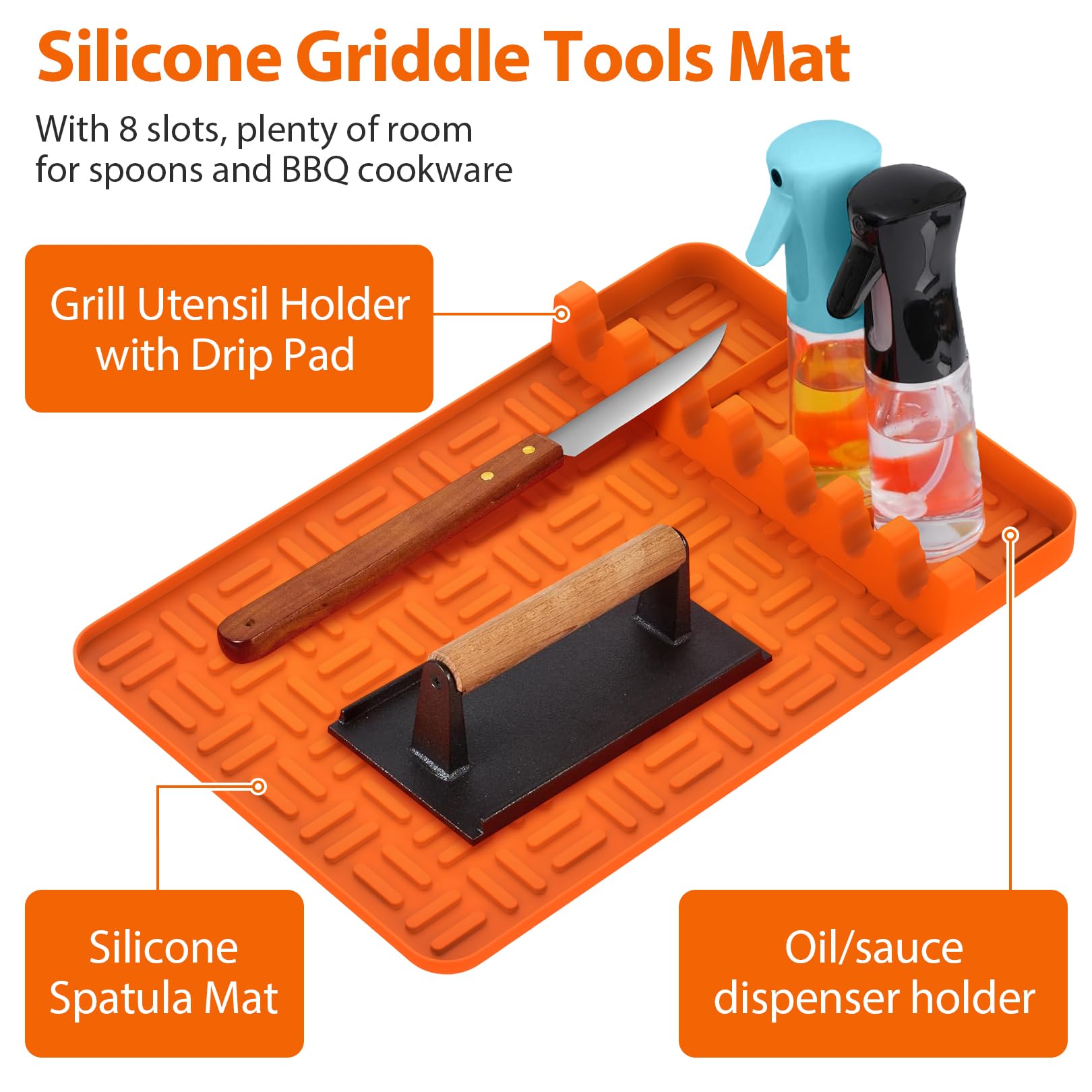 Non-Slip Silicone Griddle Tools Mat for Blackstone Grill - Food Grade Spatula Mat with Drip Pad & Side Shelf Protector - BBQ Utensils Holder for Multiple Grill Tools (Orange) - Perfect for Outdoor Cooking, Camping & Backyard BBQs