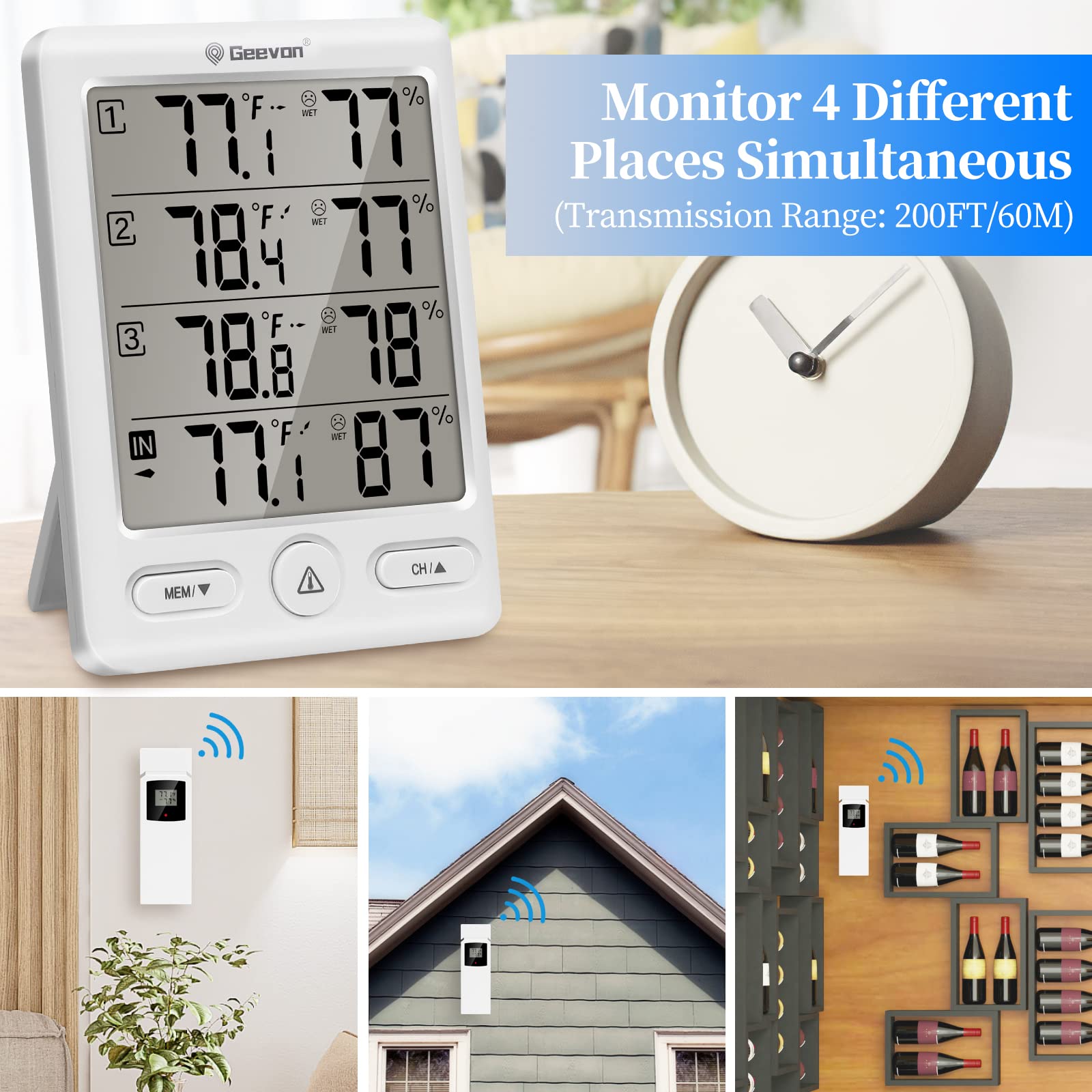 Geevon TX16 Wireless Outdoor Temperature Sensor with LCD Display - Replacement for Weather Station, Indoor Outdoor Thermometer (White) - Monitor Home, Garden & Greenhouse Climate