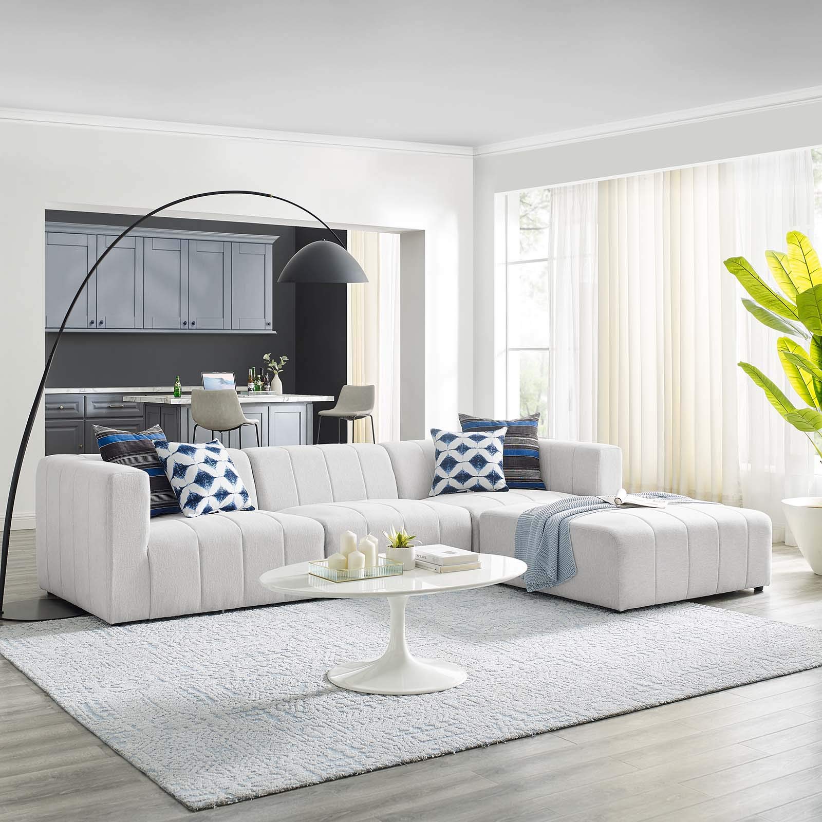 Modway Bartlett Channel Tufted Upholstered 4-Piece Sectional Sofa with Chaise in Ivory - Modern Living Room Furniture for Small Spaces & Apartments