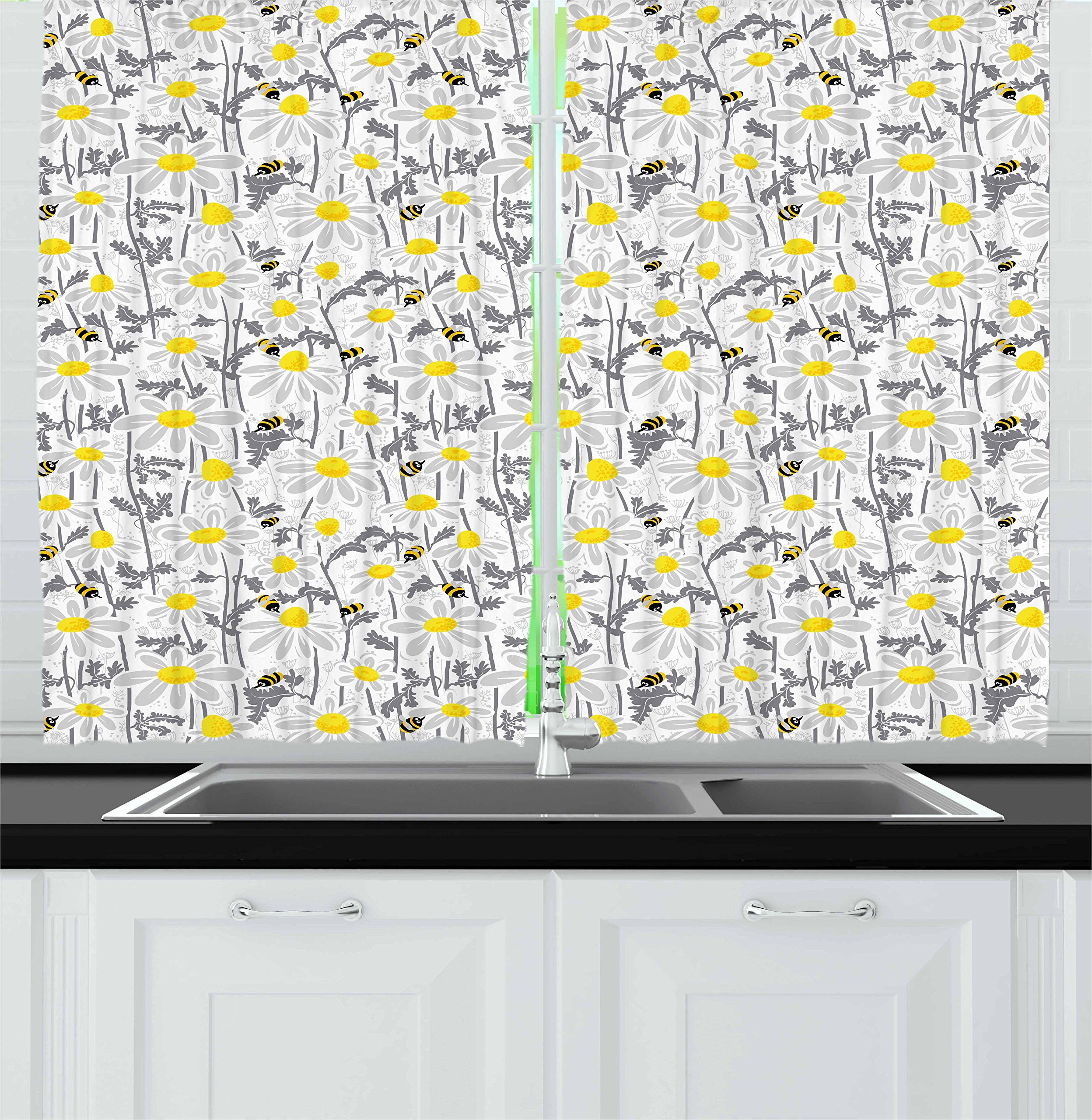 Ambesonne Yellow Kitchen Curtains Set of 2 - Bees & Chamomile Daisy Floral Design, Farmhouse Window Drapes 55