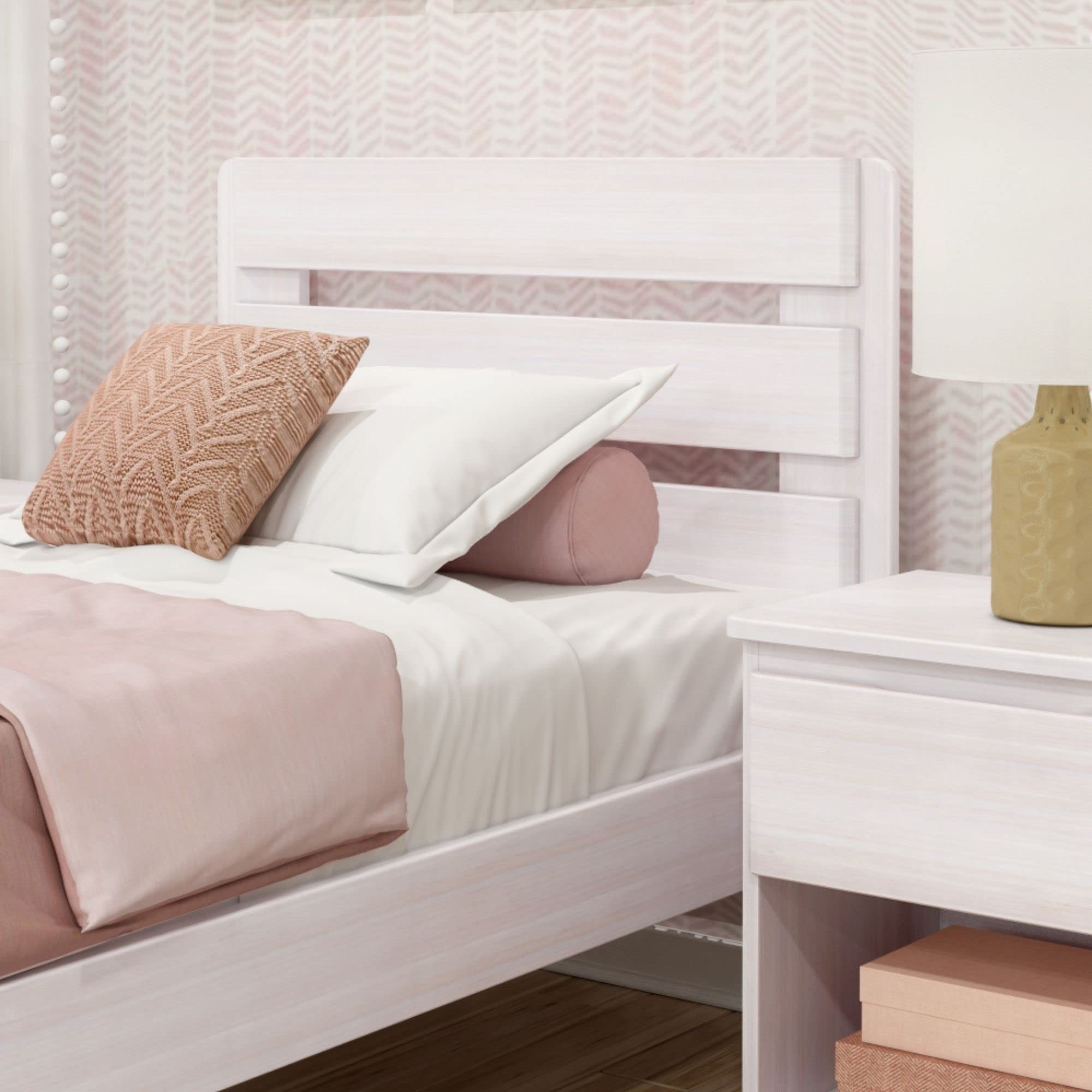 Max & Lily Modern Farmhouse Twin Bed Frame with Headboard - Solid Wood Plank Design in White Wash Finish - Perfect for Kids' Bedroom, Guest Room or Nursery Decor