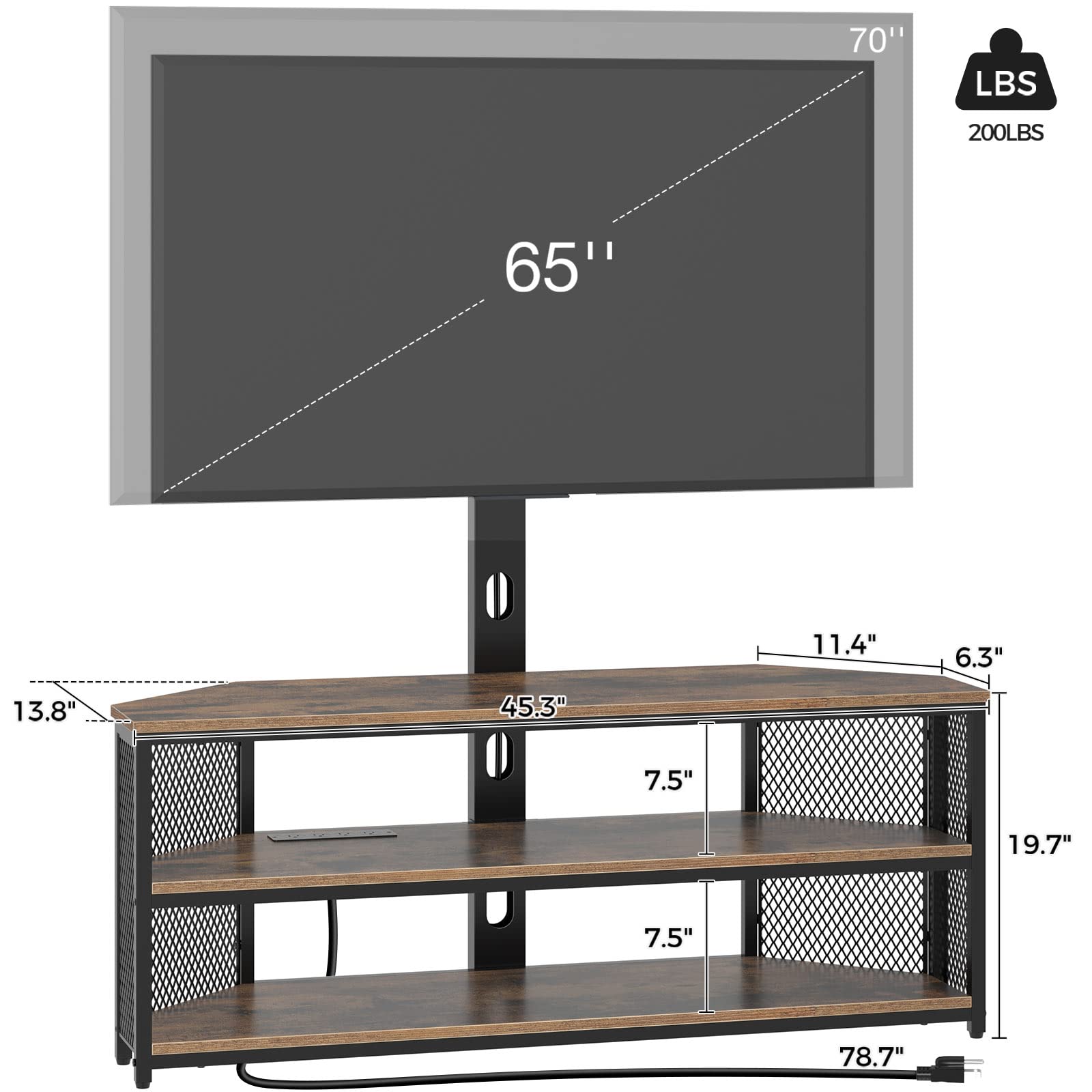 Rolanstar Rustic Brown TV Stand with Mount - Adjustable Height Swivel TV Stand for 32-70 Inch TVs, Built-in Power Outlet & LED Lights - Entertainment Center & Media Console for Living Room, Bedroom, Home Theater