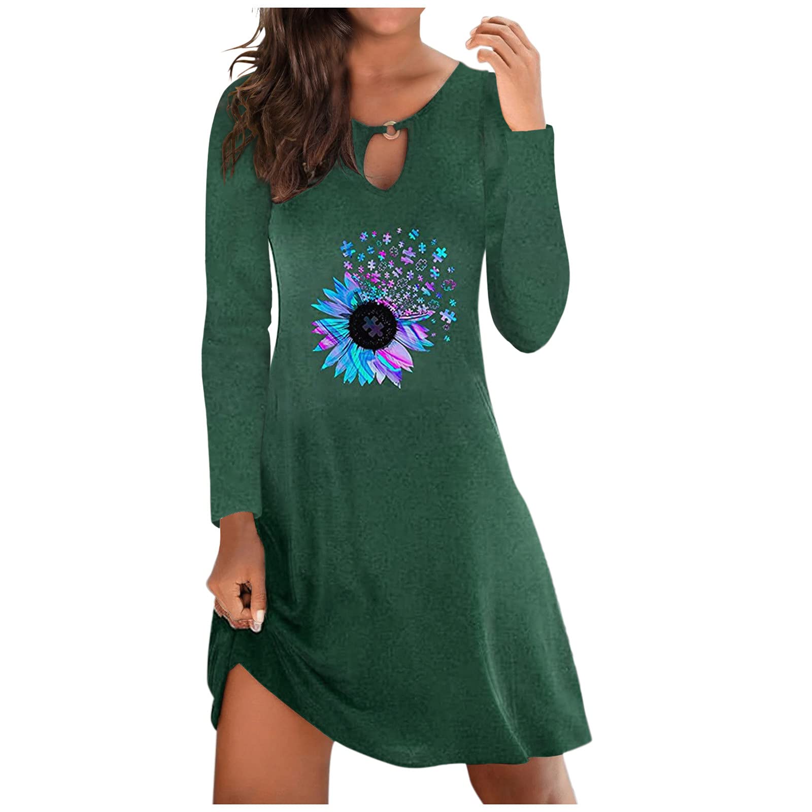Usuming Women's Floral Print Long Sleeve Chiffon Dress - Elegant Casual Home Wear for Spring & Summer Outings