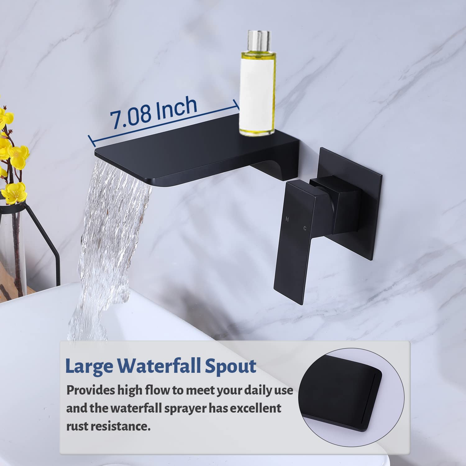 Wall Mount Waterfall Bathtub Faucet - Single Handle Matte Black Bathroom Sink Faucet - 2 Hole Widespread Vessel Faucet for Lavatory Vanity - Perfect for Modern Bathroom & Spa Style Decor