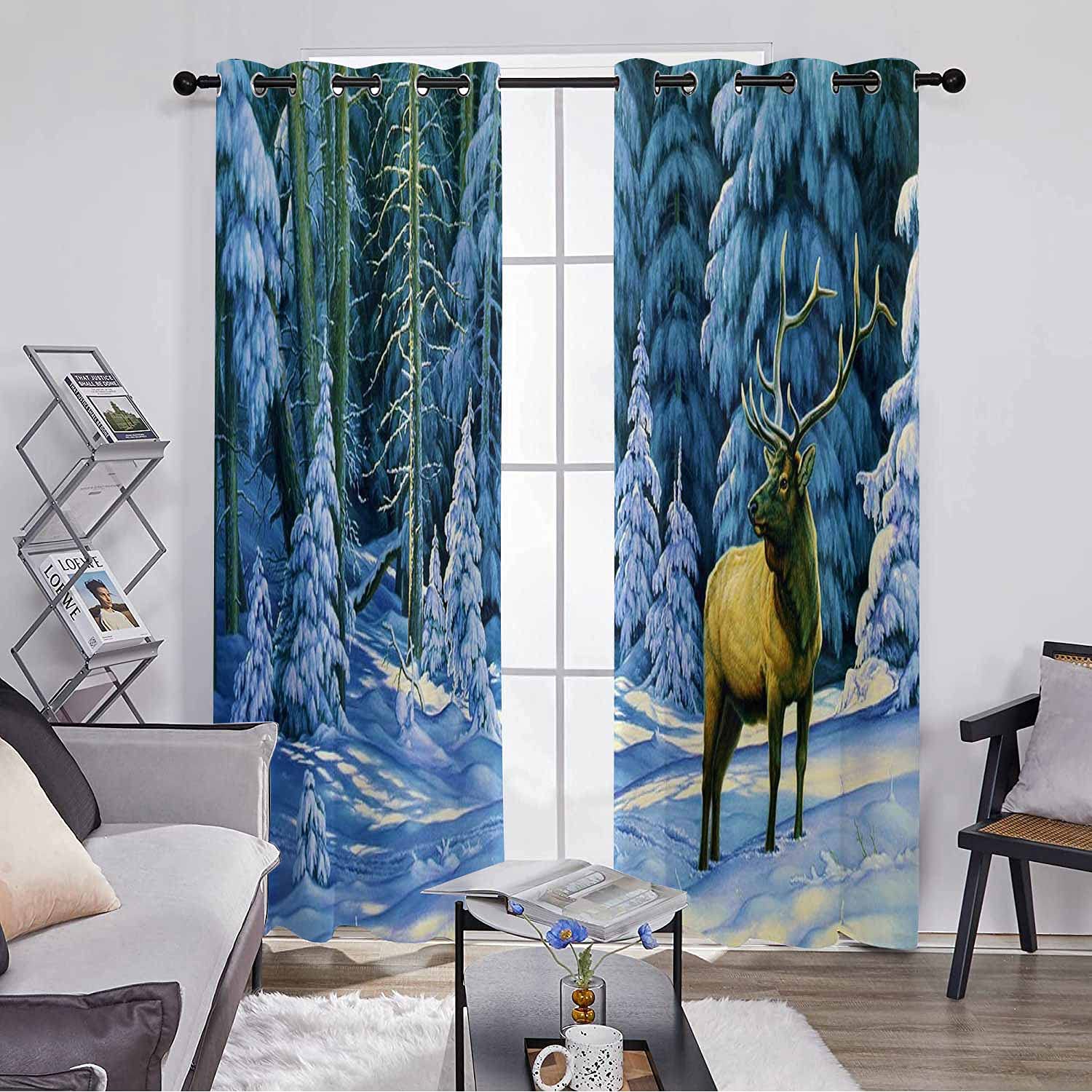 Elk Blackout Curtains 108x108 Inches Set of 2 Panels - Thermal Insulated Room Darkening Window Drapes with Grommet Top for Living Room & Bedroom | Elk Snow Forest Woods Design | Perfect for Light Blocking, Energy Saving & Noise Reduction