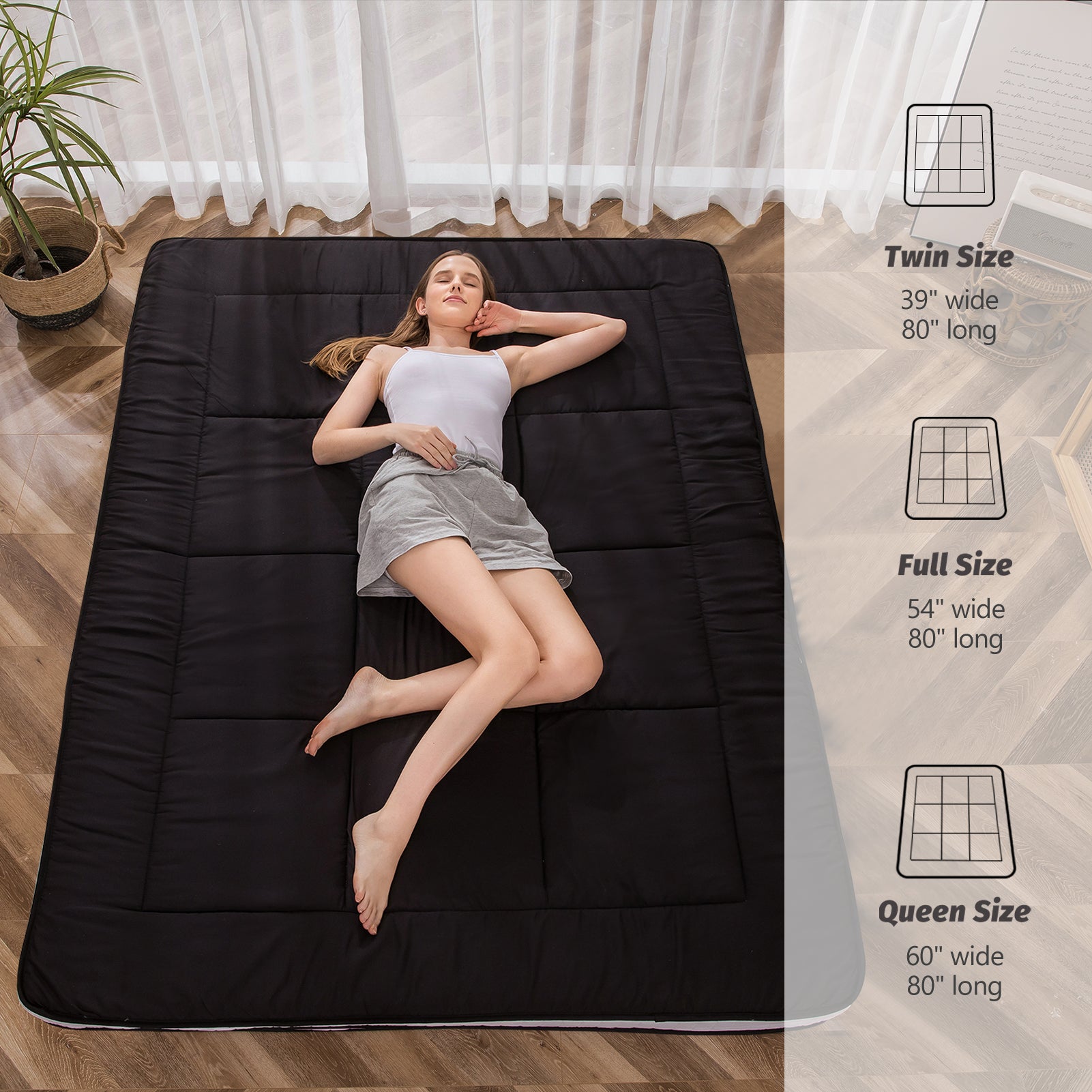 MAXYOYO Padded Japanese Floor Mattress - Black Foldable Roll Up Futon for Bedroom, Guest Room & Travel | Comfortable Floor Sleeping Mat for Adults & Kids