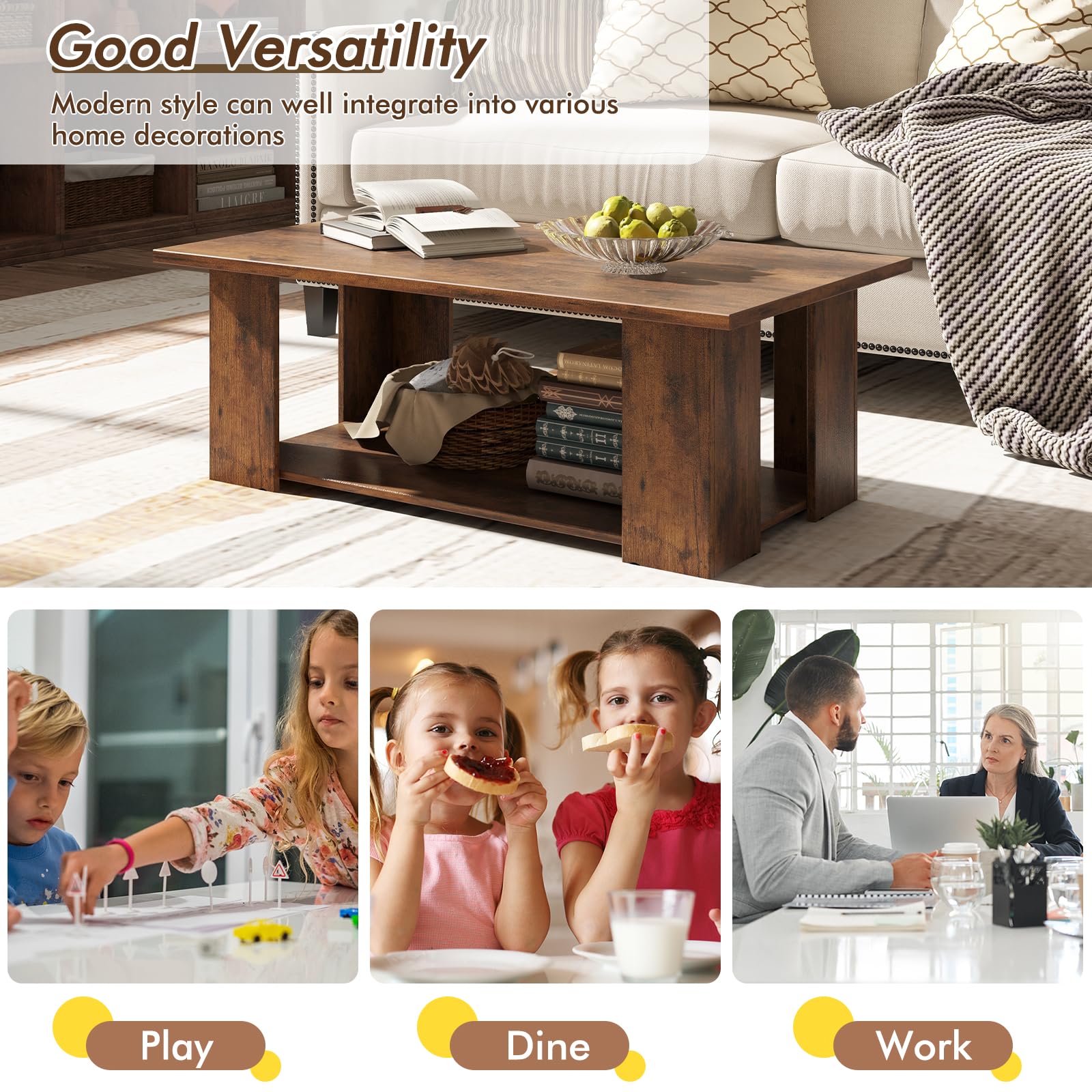 Tangkula 2-Tier Modern Coffee Table - Rustic Brown Rectangular Cocktail Table with 5 Sturdy Legs, Wooden Living Room Furniture for Small Spaces, Easy Assembly - Perfect for Apartments, Dorms & Cozy Home Decor