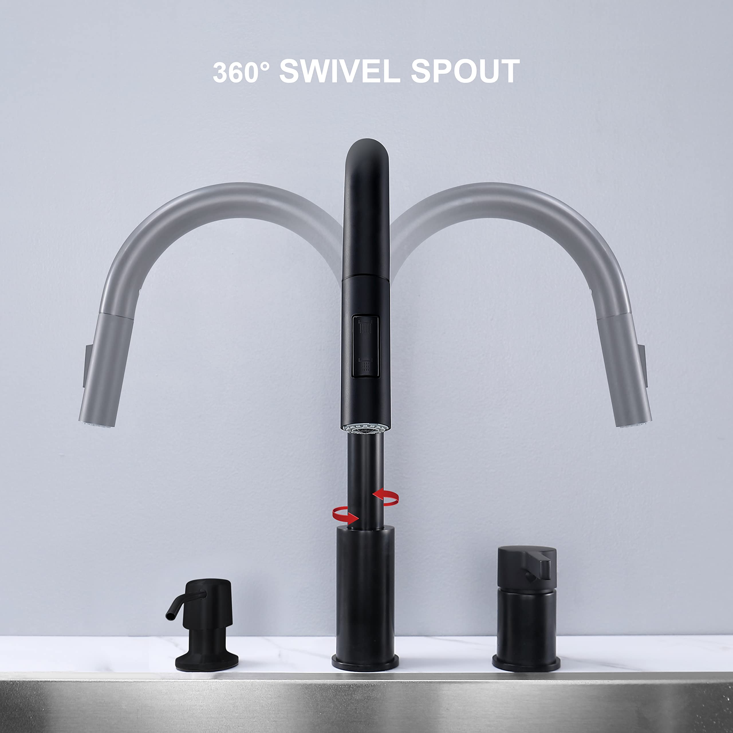 Premium Matte Black 3-Hole Kitchen Faucet with Pull Down Sprayer & Soap Dispenser - Single Handle High Arc Design for Modern Sinks | Perfect for Cooking, Washing Dishes & Food Prep