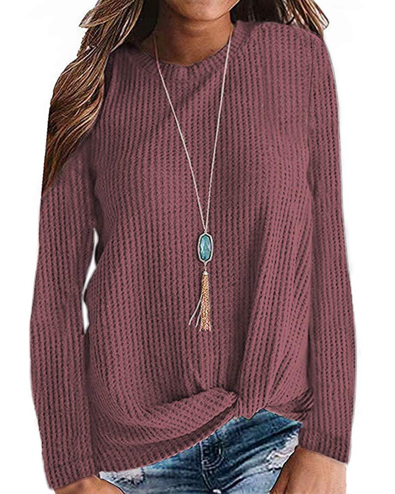 MISFAY Women's Casual Long Sleeve Knit Top with Cute Twist Knot Detail - Soft Waffle Knit Shirt for Fall & Winter, Perfect for Office, Date Night and Everyday Wear