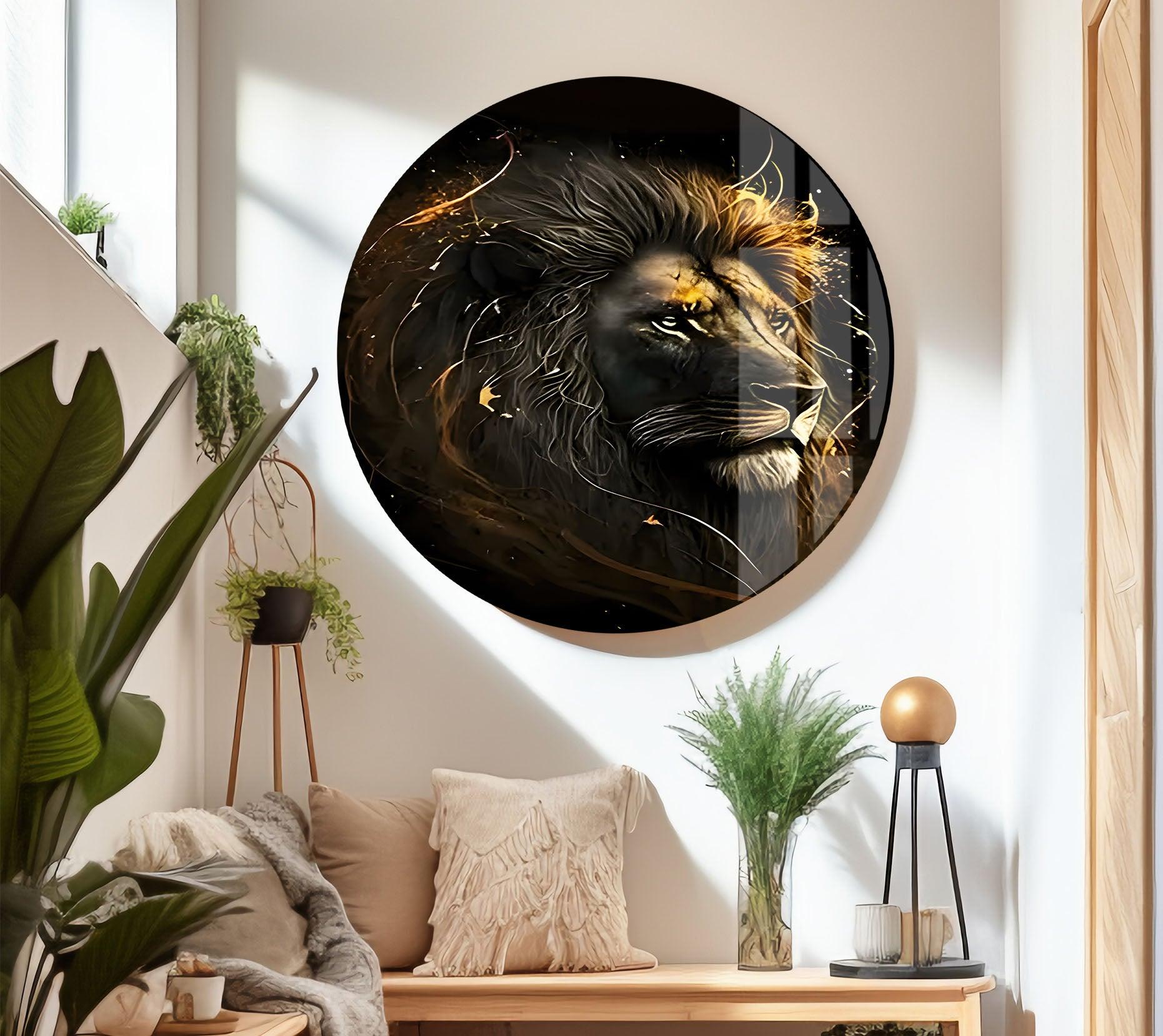Black Gold Lion Glass Wall Art - Elegant Home Decor for Living Room, Bedroom & Office - Stained Glass Window Hanging for Gifts & Interior Design