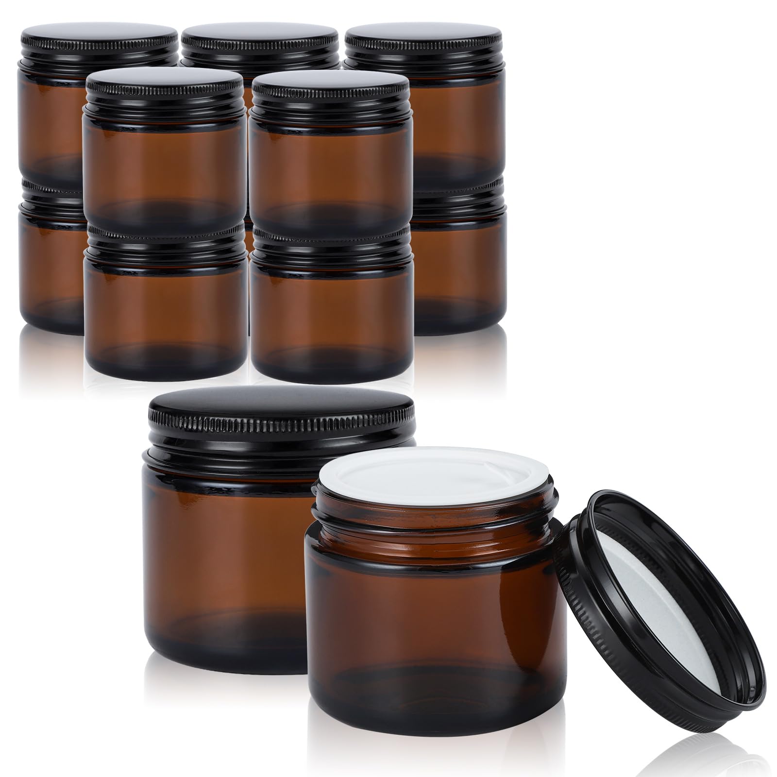 12 Pack 2oz Amber Glass Jars with Airtight Lids - Small Cosmetic Containers for Lotion, Cream, Salve & DIY Skincare - Travel-Friendly Empty Jars for Candle Making, Essential Oils & Beauty Products