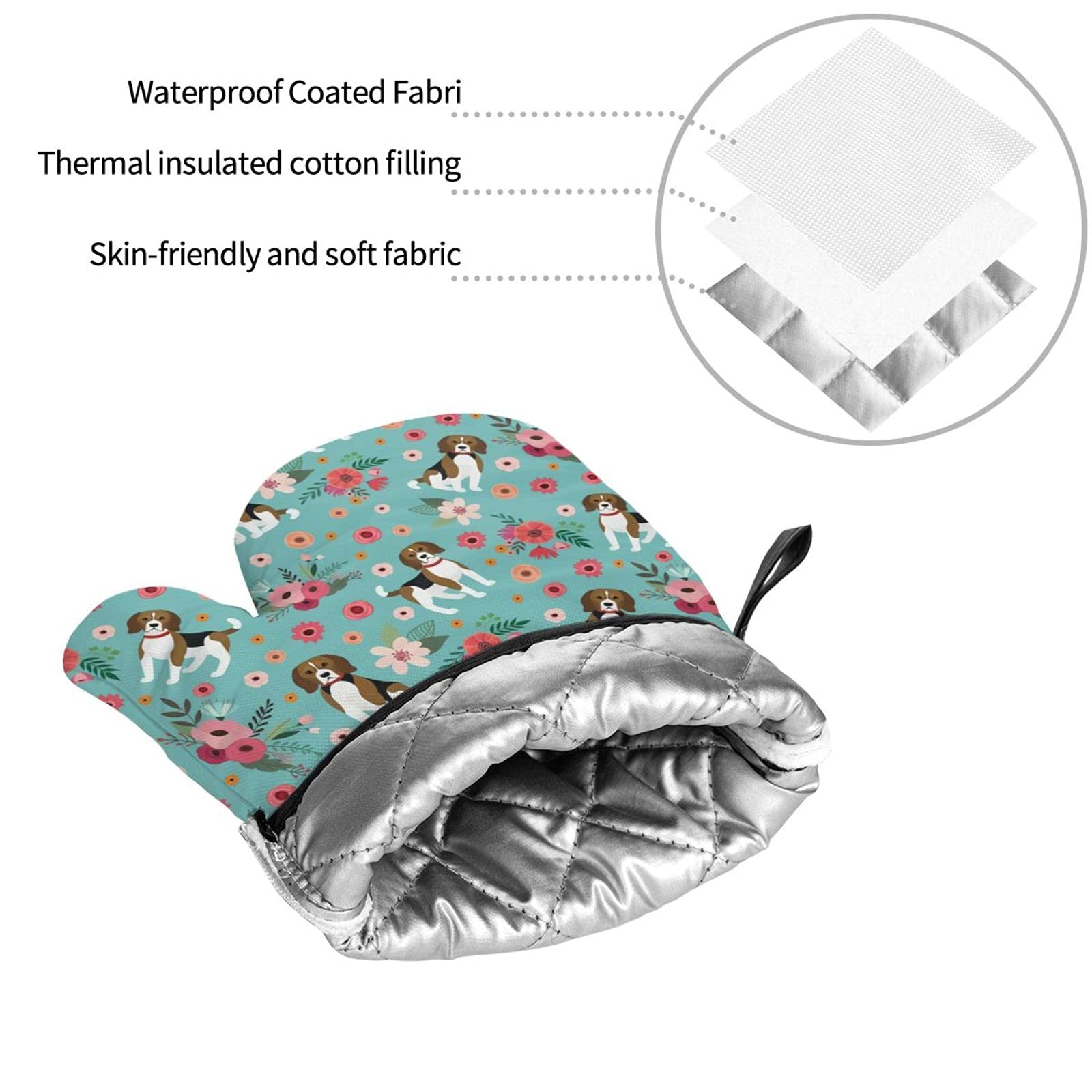 Heat Resistant Beagle 4-Piece Oven Mitts and Pot Holders Set - Non-Slip Kitchen Gloves with Cotton Lining for Cooking, Baking, BBQ & Grilling - Perfect for Home Kitchen, Outdoor Camping and Holiday Gift Giving