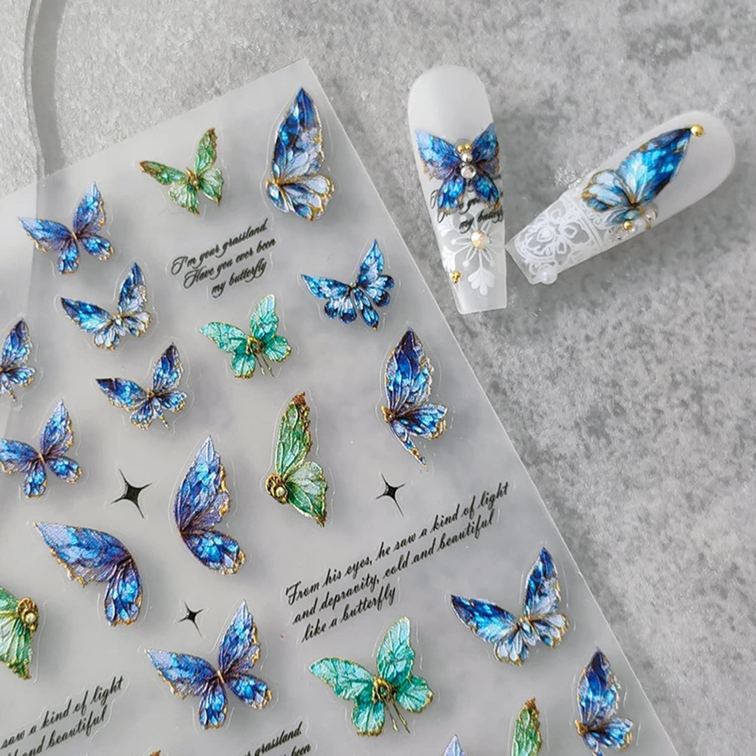 5D Embossed Butterfly Nail Art Stickers - Self-Adhesive Nail Decals for Acrylic Nails, Green & Blue 3D Nail Designs for Women & Girls - Perfect for Nail Salon, Party, Wedding & Everyday Manicure Decorations