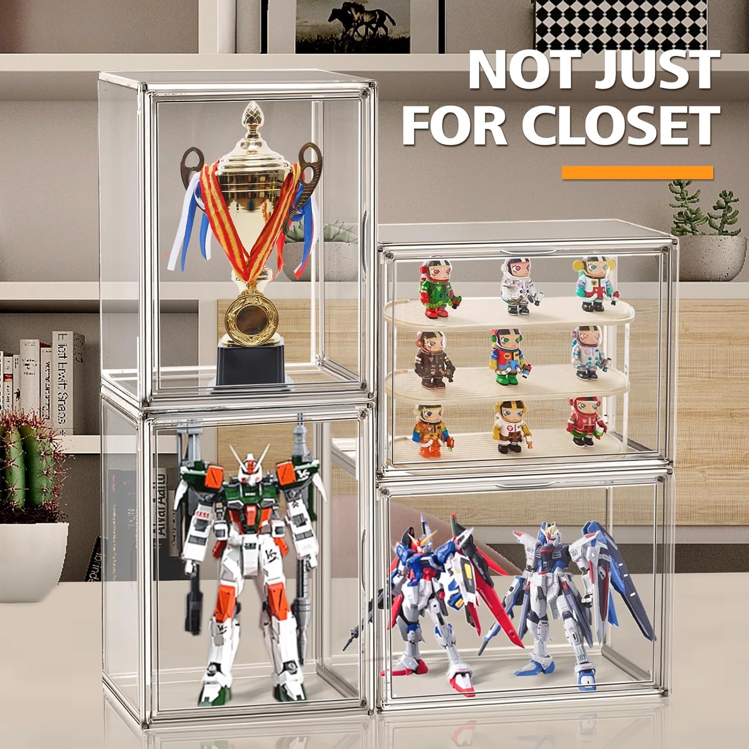4-Pack Clear Stackable Plastic Storage Bins with Magnetic Lid - Acrylic Shoe Display Case for Books, Cosmetics, Figures & Collectibles - Perfect for Shoe Box, Handbag & Home Organization (Ideal for Closet, Office & Retail Display)