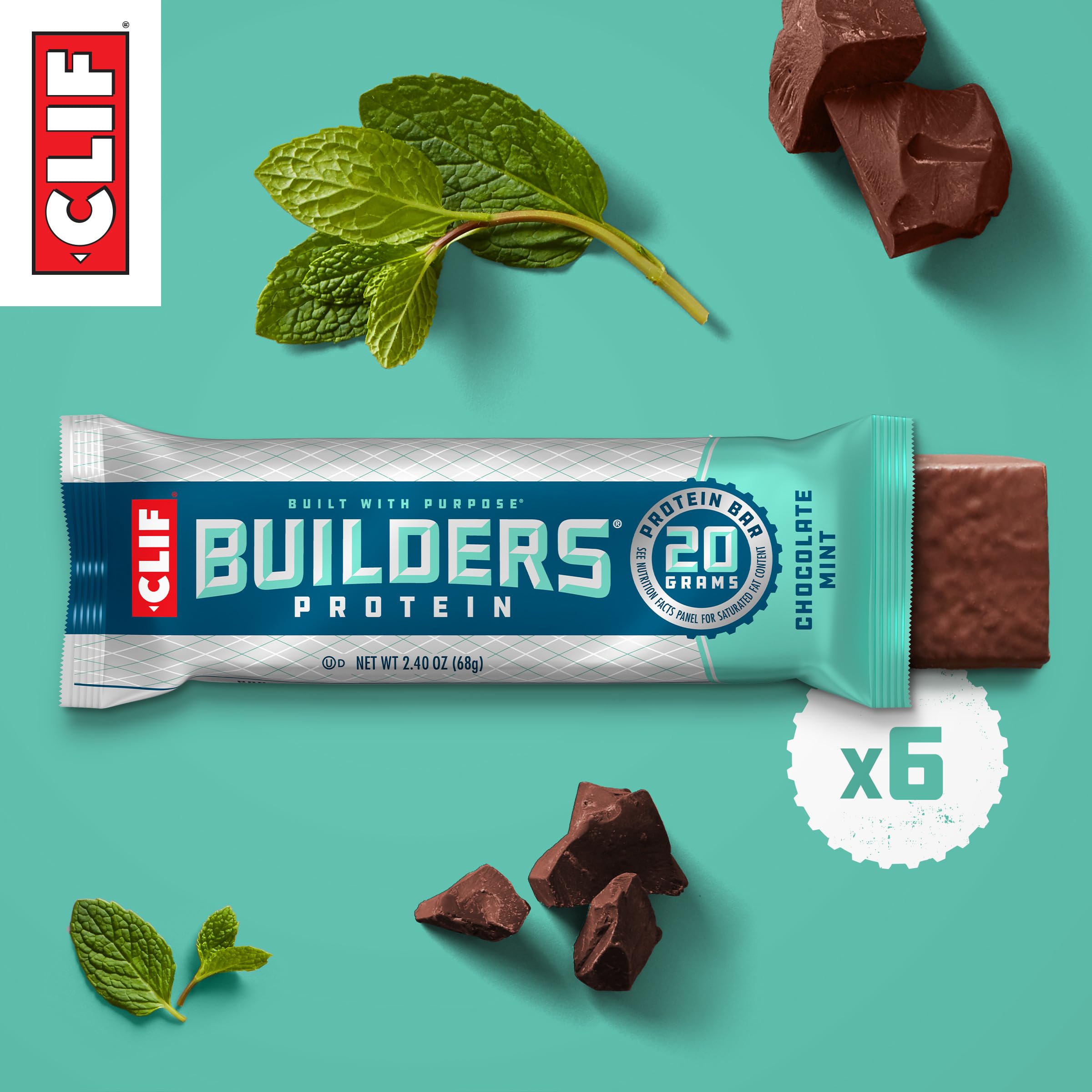 CLIF Builders Chocolate Mint Protein Bars - 20g Plant-Based Protein, Gluten Free, Non-GMO, Low Glycemic - 2.4oz (6 Pack) - Perfect for Post-Workout Recovery, Hiking & On-the-Go Snacking